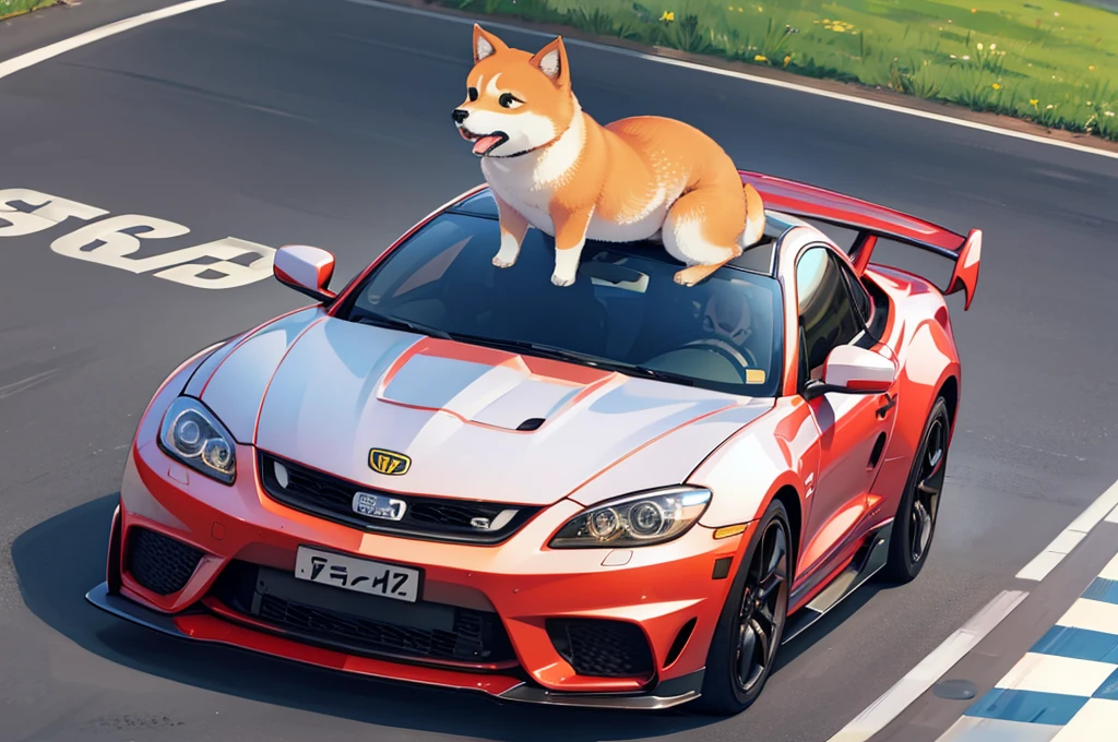 A cute shiba driving a sports car on the high way