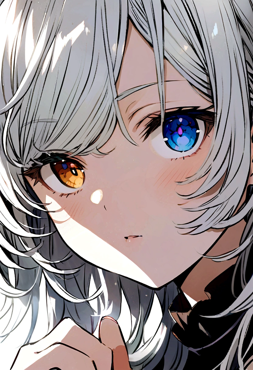 Anime girl with white hair, heterochromia(gray left eye, blue right eye)