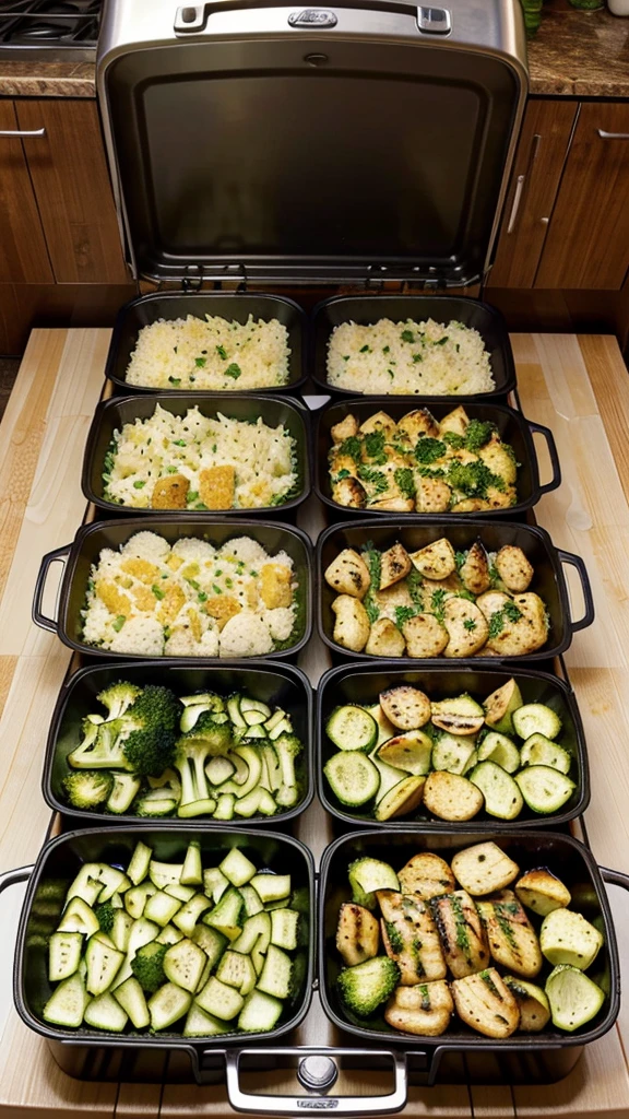 Grilled Chicken with Veggies**
**Ingredients**: Chicken breasts, olive oil, mixed veggies (broccoli, cauliflower, zucchini), seasoning
**Instructions**: Season chicken with salt, pepper, and herbs. Grill or bake until cooked through. Roast mixed veggies with olive oil, salt, and pepper. Divide into containers.