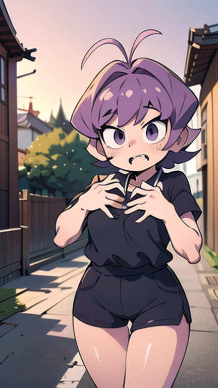 1 girl,Najimi,Najimi_KCC,How to say Najimi in Japanese \(komi-san is a shy person\),short purple hair, (black sports clothing), antenna hair ,Thighs, whole body, five fingers on hands, 2 legs, hugging the viewer, outside a house abandonada, Concerned, scary face, black shorts,1.1 perfect anatomy, outside a house , terror, sunset sky, perfect hands, 