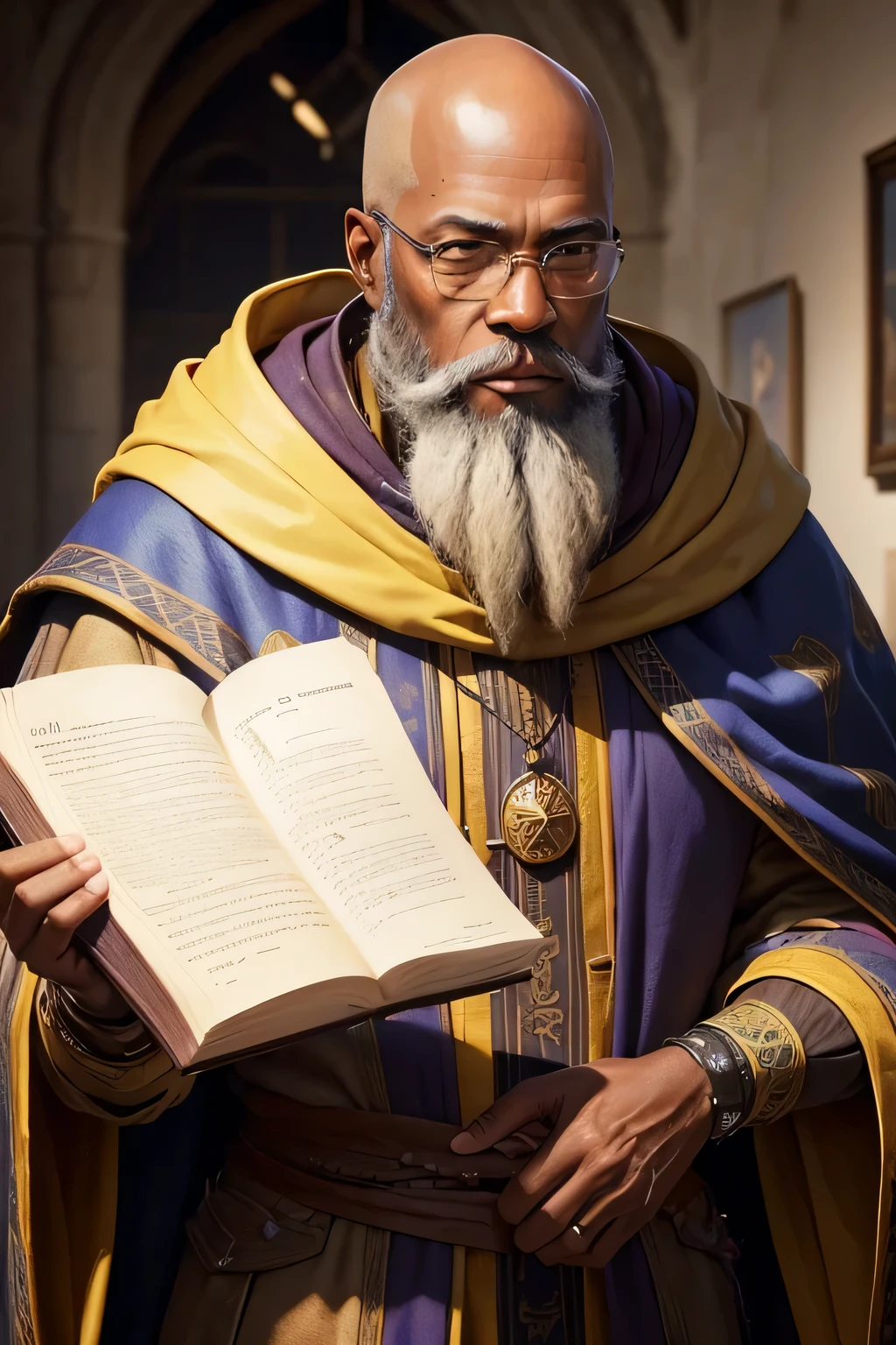 ((best qualityer)),((work of art by)),(detailded) 1 African American man, 50 years old,long brown beard,baldie,yellow medieval wizard cloak(worn cloak) clear lighting,detailed shadows