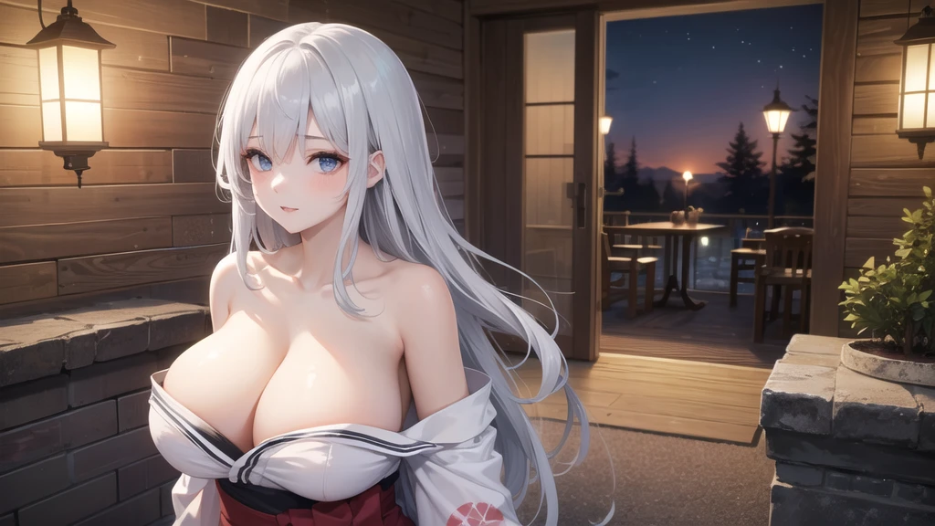 (((masterpiece, best quality))), (((superior quality))), cute girl, ((extremely detailed girl)), ((huge breasts)), yukata, bare shoulders, strapless top, long silver hair, happy