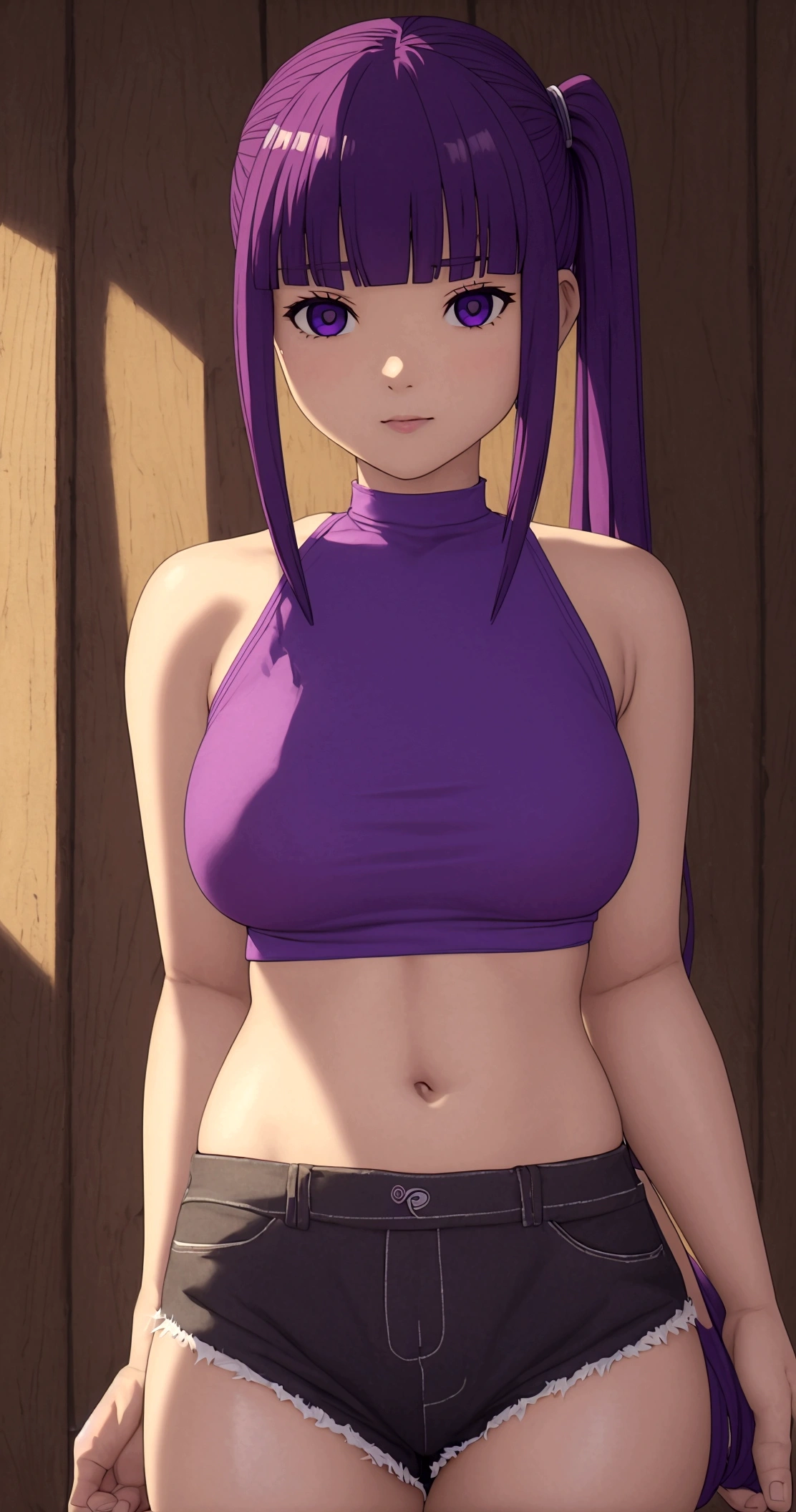 masterpiece、best-quality、hight resolution)、 Real life adaption for this character, Masterpiece, high quality, best lighting, cinematic, 1girl, purple hair, ponytails, crop top, underboob, cowboy shot, ((mini short pants)), (perfect body), (((big thigh))), looking at viewer, standing, pool