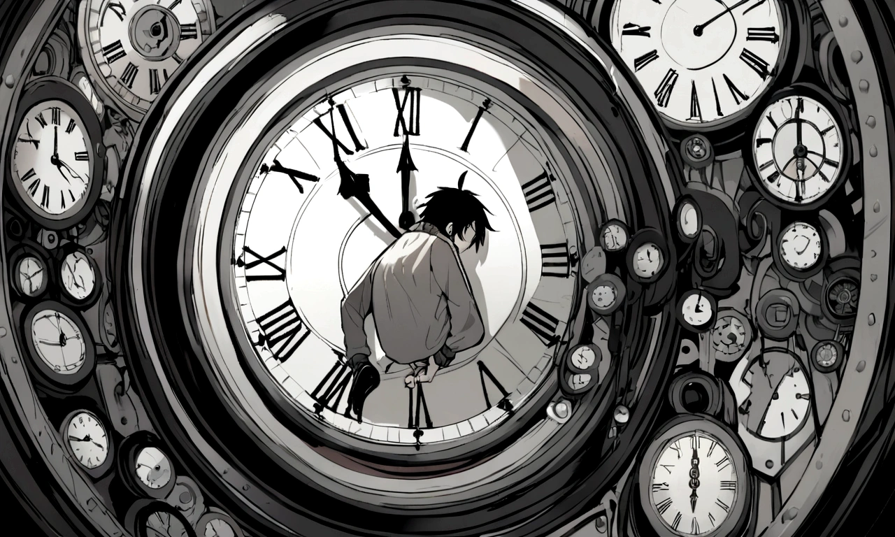 black and white drawing, giant clockwork background, hang from clockwork, human, 26 year old male, black neat hair, a lonely face, wearing gray tracksuit, put one's foot on the clock hand, cling to the clock, climb the clock.