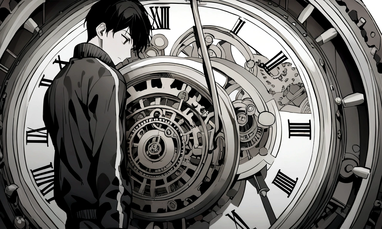 black and white drawing, giant clockwork background, hang from clockwork, human, 26 year old male, black neat hair, a lonely face, wearing gray tracksuit, put one's foot on the clock hand, cling to the clock, climb the clock.