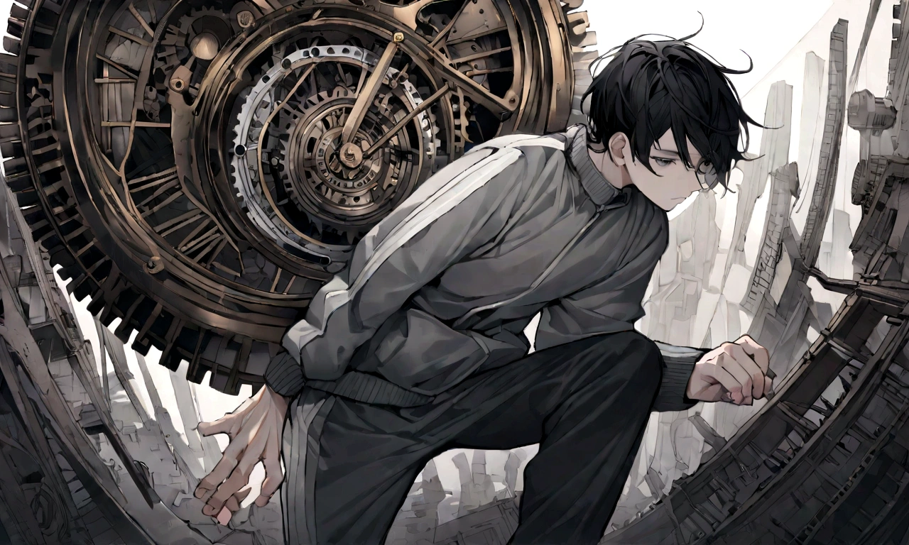 black and white drawing, giant clockwork background, hang from clockwork, human, 26 year old male, black neat hair, a lonely face, wearing gray tracksuit, put one&#39;s foot on the clock hand, cling to the clock, climb the clock.