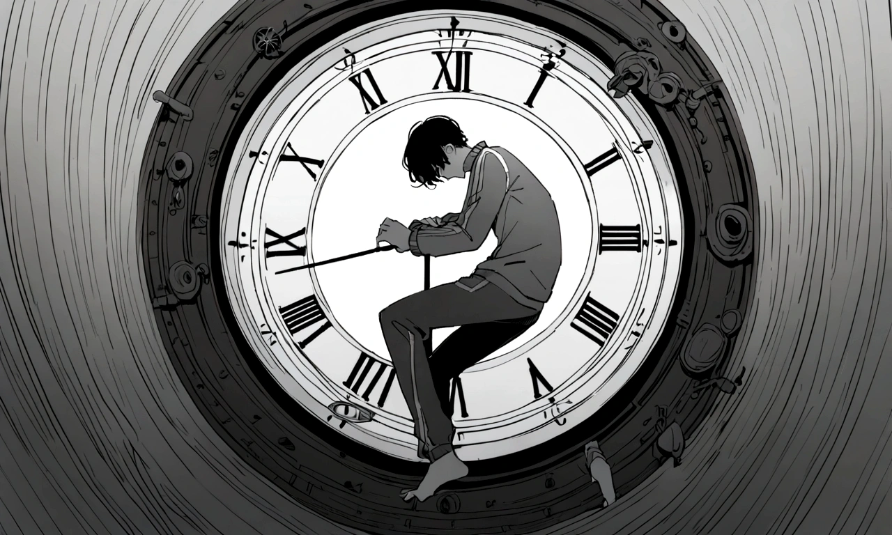 black and white drawing, giant clockwork background, hang from clockwork, human, 26 year old male, black neat hair, a lonely face, wearing gray tracksuit, put one's foot on the clock hand, cling to the clock, climb the clock.