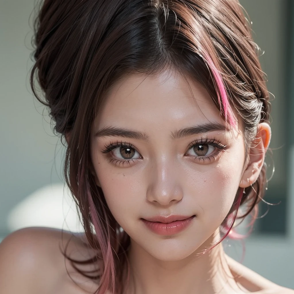1 girl, 19 years old, south korean, 4k, masterpiece, realistic, frekles under eyes, short whavy brown hair, faded pink hair, bob hair-cut, shining pink pupils, detailed pupils, red lips, red eyeliners, happy, big smile, closed mouth, multiple of frekles under eyes, detailed face, facing camera, bright colors, close up, face focus.