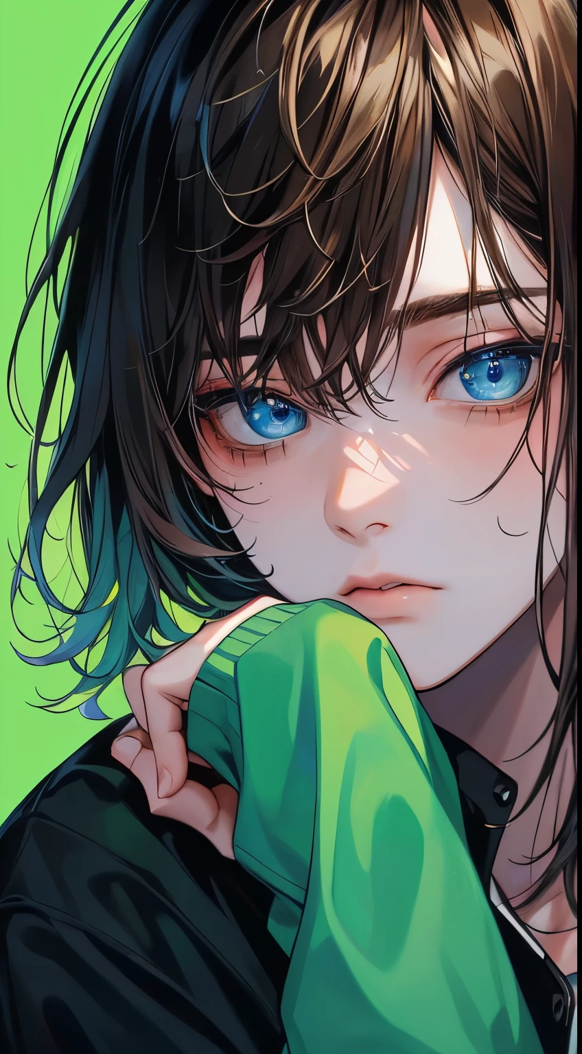 (Best quality,4K,8 k,A high resolution,masterpiece:1.2), young guy, schoolboy, pretty face, A guy who looks like a girl, brown-haired, Blue eyes, calm facial expression, mystery, green colors, Cute guy