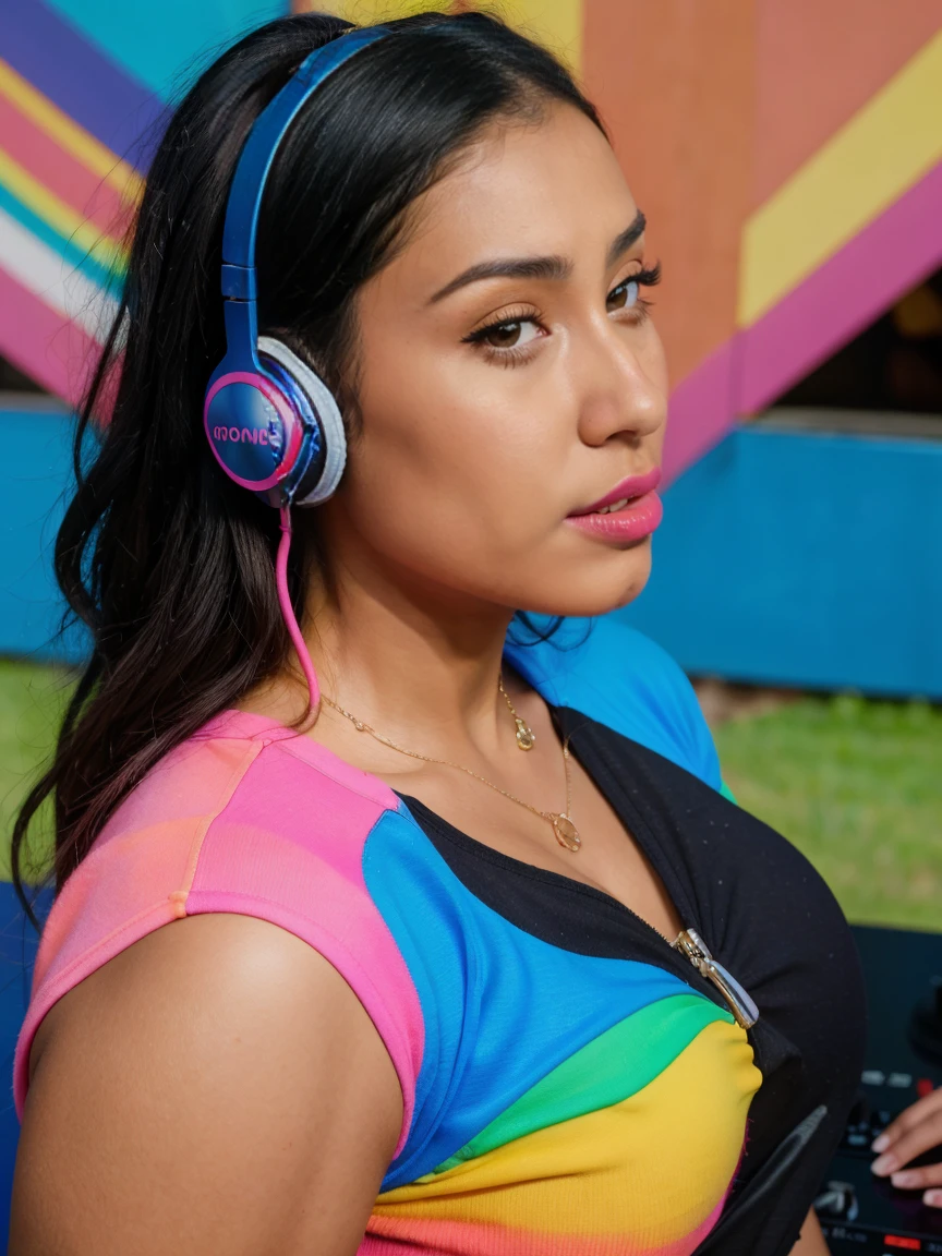 a close up of a woman in a colorful top and headphones, andrea rocha, andrew gonzalez, dj, lorena avarez, 🐎🍑, profile picture 1024px, by Dave Arredondo, roge antonio, official artwork, by Rodolfo Morales, spain rodriguez, promo image, doja cat, by Android Jones, dj set
