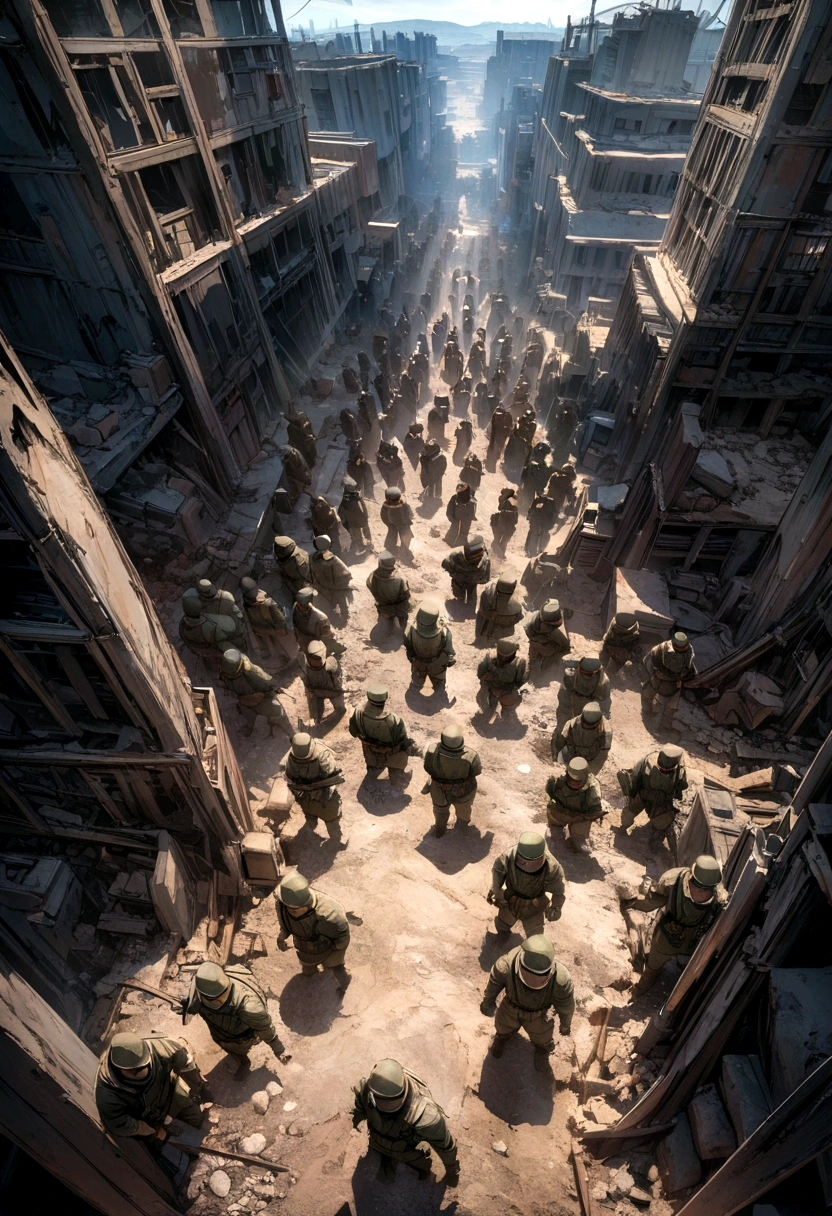 masterpiece, best quality, 8K, HDR, ultra detailed, wasteland、A group of 10 soldiers lined up、Overhead shot