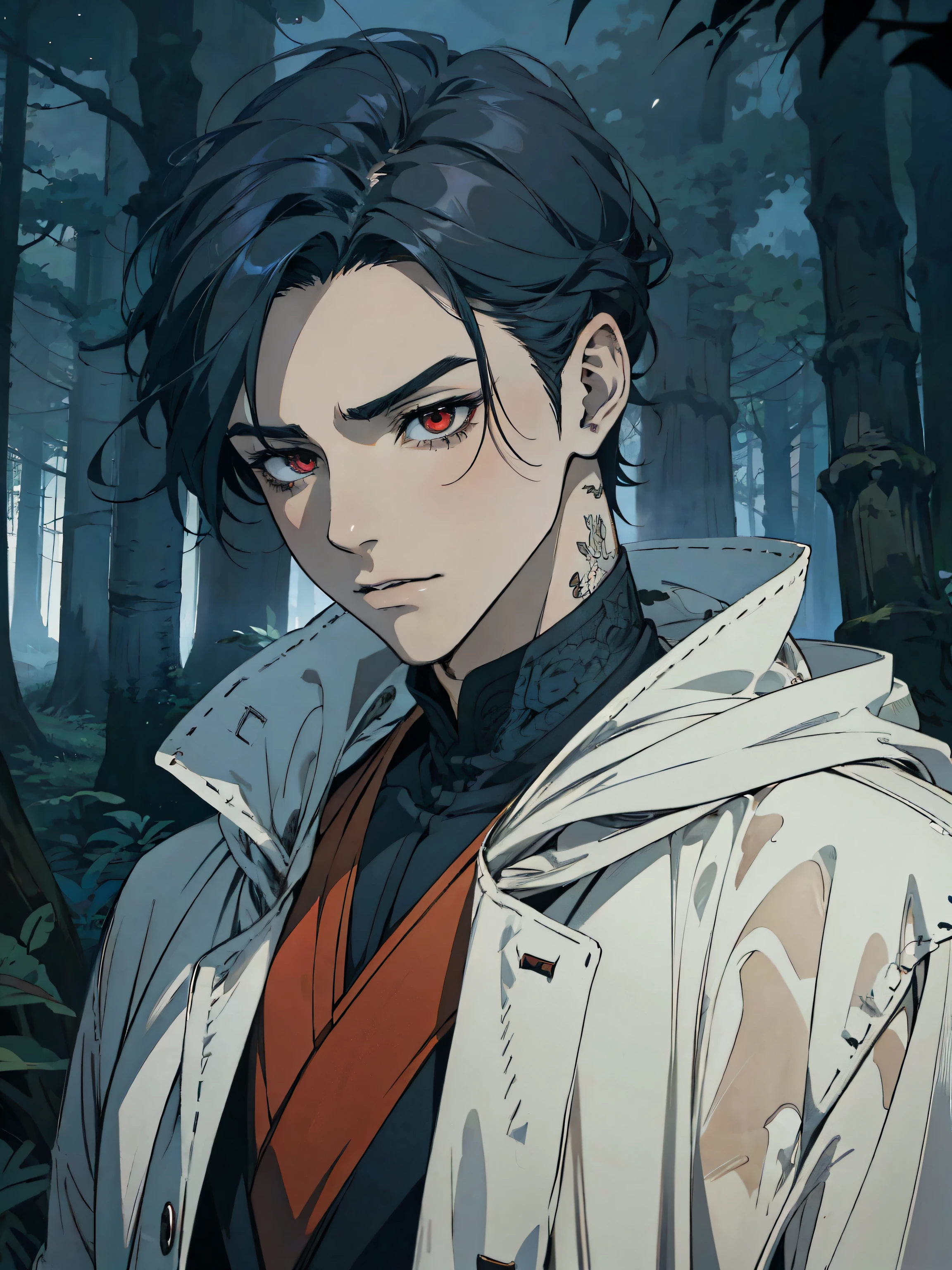 anime - style image of a man in a black coat in a forest, handsome guy in demon slayer art, anime lush john 8k woods, male anime style, handsome japanese demon boy, beautiful androgynous prince, anime handsome man, anime portrait of a handsome man, male anime character, badass anime 8 k, artwork in the style of guweiz, red eyes, mad face, beautiful eye