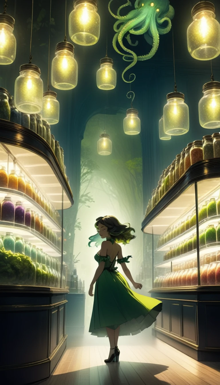 a sexy girl in a sexy dress tends the store at the counter, fantastic store, Fantasy world, dark, disturbing, strange, unnatural, (Rembrandt Lighting: 1.3) light particles, lens flares, store with several tentacles inside large jars, , a woman shopping, live tentacles for sale inside jars, side chest, forest cat on stage, close-up of the upper part of the body, artistic masterpieces that will go down in history, fantastic backgrounds, memorable scenes, fantastic angles (masterpiece : 1.2), (best quality: 1.2), intricate details, newest, AI generated (Bill Sienkiewicz inspired art, intricate details, oil painting)
