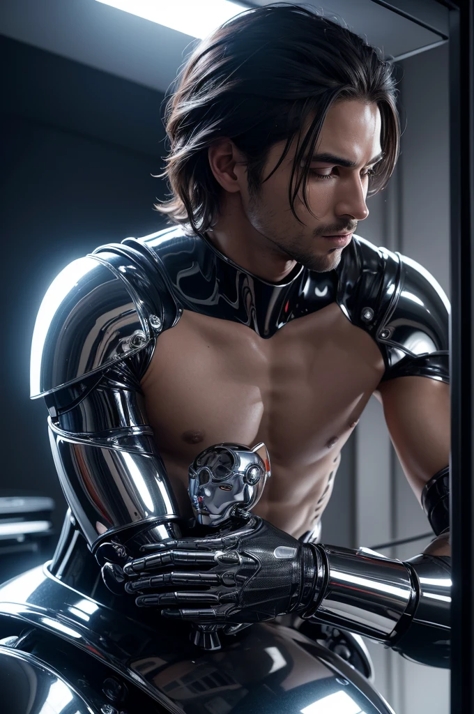 create a high resolution image of a real man, wearing no shirt, kissing a chrome robot, no flaws, in a black setting.