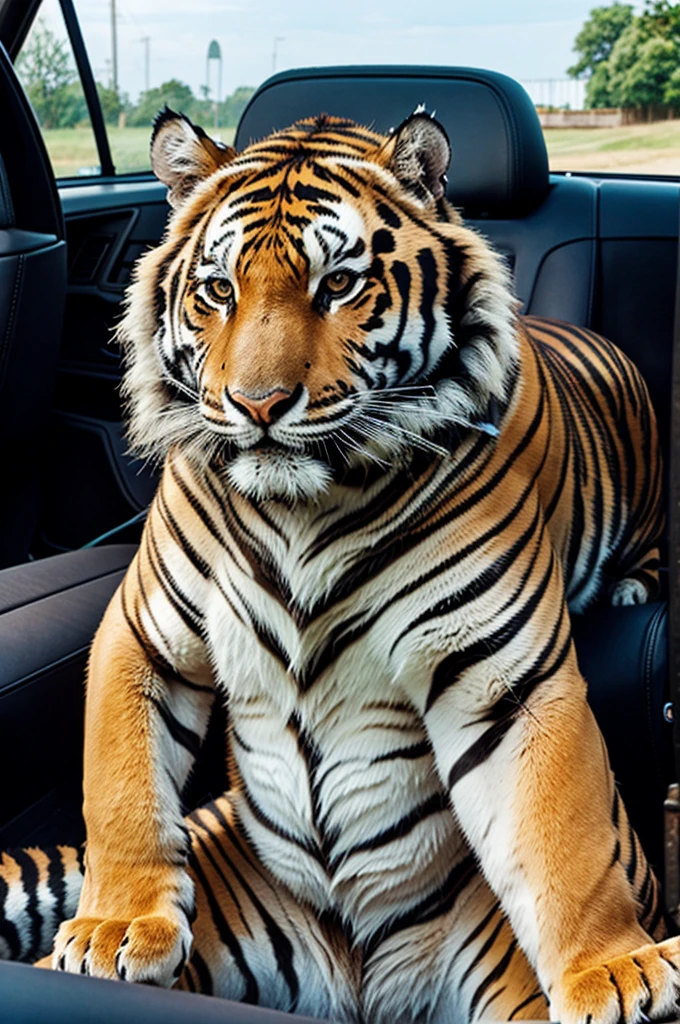 A tiger sitting in the car
