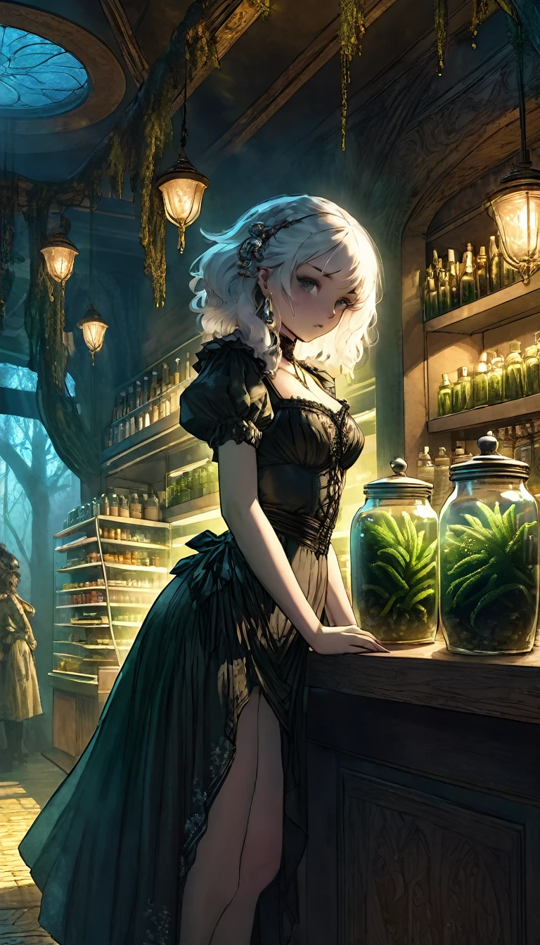 a sexy girl in a sexy dress tends the store at the counter, fantastic store, Fantasy world, dark, disturbing, strange, unnatural, (Rembrandt Lighting: 1.3) light particles, lens flares, store with several tentacles inside large jars, , a woman shopping, live tentacles for sale inside jars, side chest, forest cat on stage, close-up of the upper part of the body, artistic masterpieces that will go down in history, fantastic backgrounds, memorable scenes, fantastic angles (masterpiece : 1.2), (best quality: 1.2), intricate details, newest, AI generated (Bill Sienkiewicz inspired art, intricate details, oil painting)
