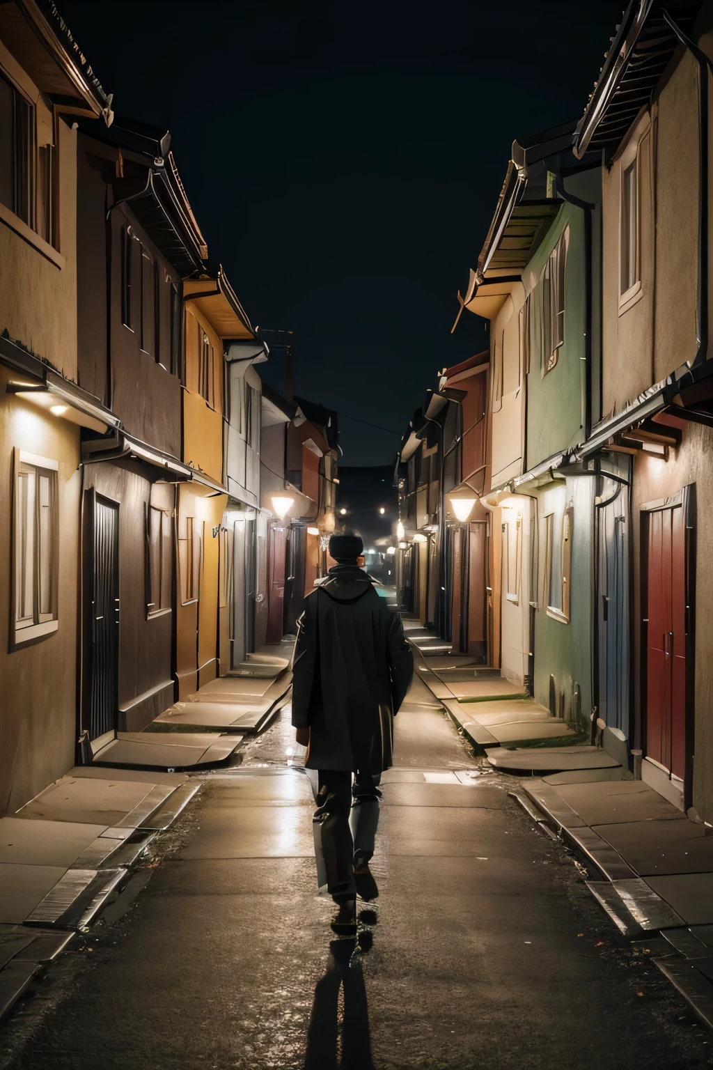 a man walking down a street, detailed houses, realistic, photorealistic, 8k, best quality, masterpiece, hyper detailed, vivid colors, dramatic lighting, cinematic, intricate architecture, cobblestone road, lush greenery, warm afternoon lighting