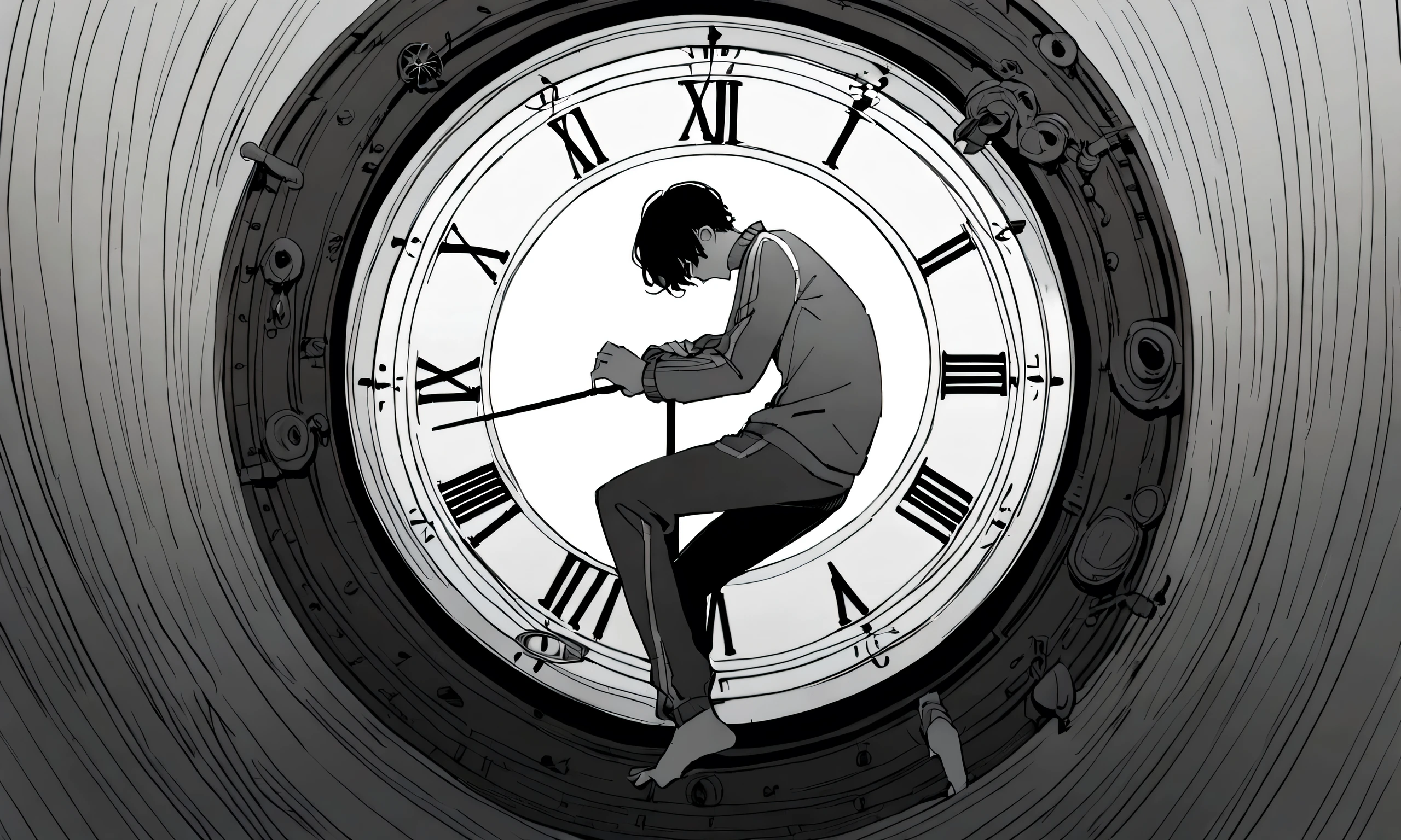 black and white drawing, giant clockwork background, hang from clockwork, human, 26 year old male, black neat hair, a lonely face, wearing gray tracksuit, put one's foot on the clock hand, cling to the clock, climb the clock.