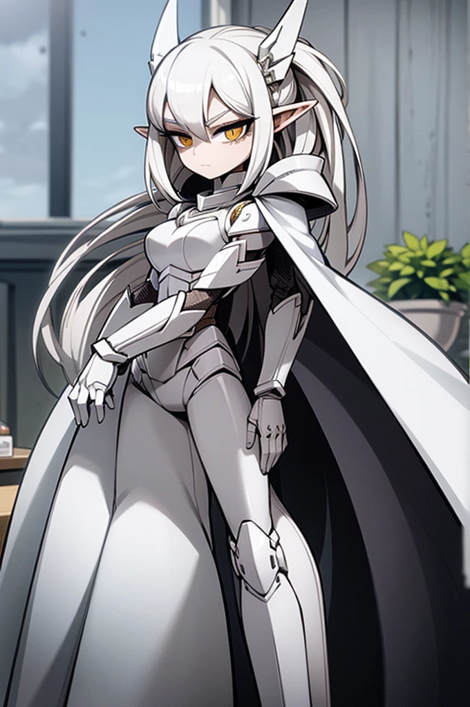 female noble Elf, full body art, silver hair, white skin, saphire eye, knight full plate adorned armor, white cape, perfectly detailed body.