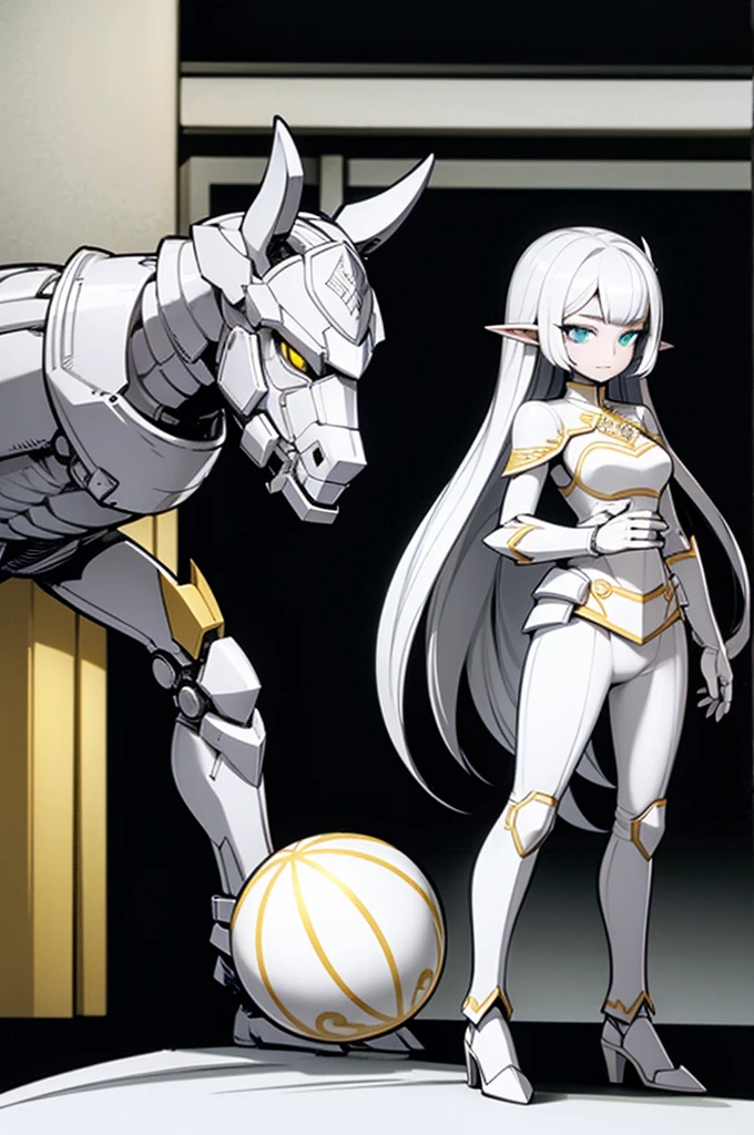 female noble Elf, full body art, silver hair, white skin, saphire eye, knight full plate adorned armor, white cape, perfectly detailed body.