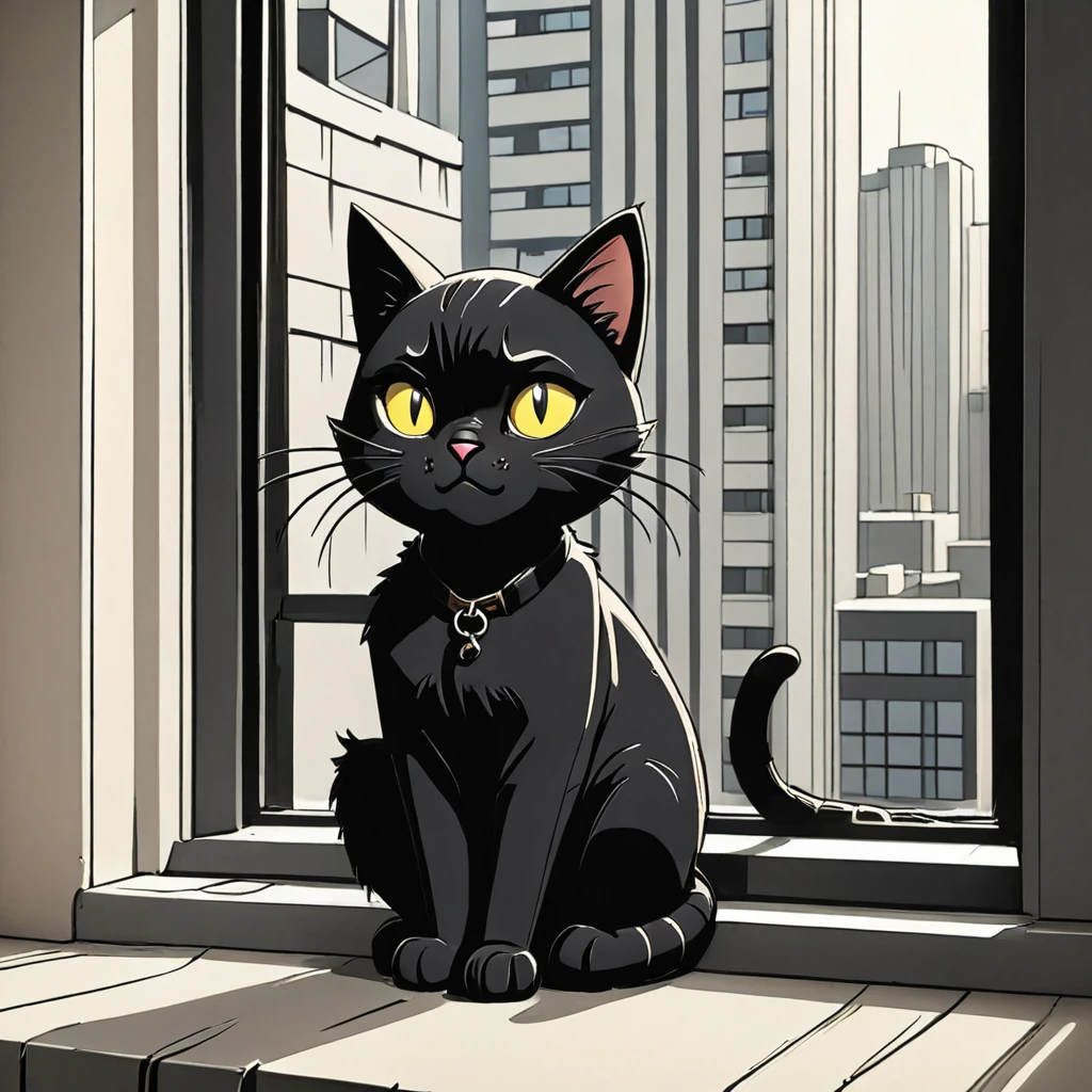 black cat sitting  on a windowsill in a Highrise apartment, simple anime style, 2D, celshading, thick lineart, heavy black ink lines, posterized, flat color, celshading, toonshading, Cartoon Rendering, Flat Shading, Graphic Novel Style, minimal shading, flat shading, hard color shading