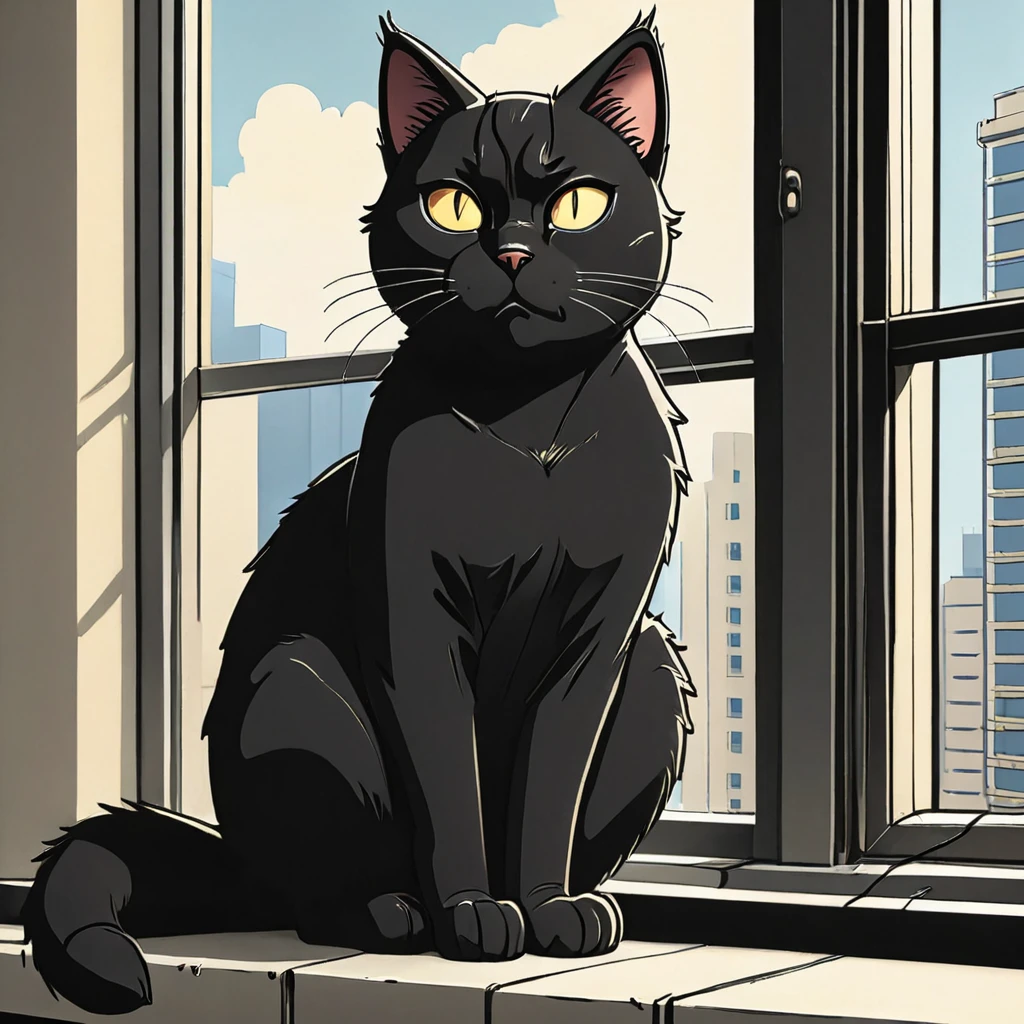 black cat sitting  on a windowsill in a Highrise apartment, simple anime style, 2D, celshading, thick lineart, heavy black ink lines, posterized, flat color, celshading, toonshading, Cartoon Rendering, Flat Shading, Graphic Novel Style, minimal shading, flat shading, hard color shading