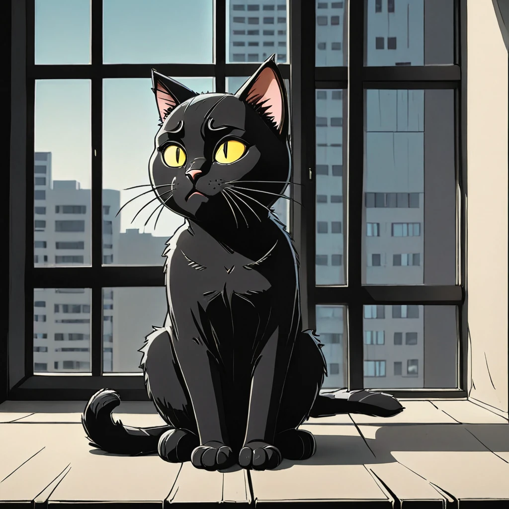 black cat sitting  on a windowsill in a Highrise apartment, simple anime style, 2D, celshading, thick lineart, heavy black ink lines, posterized, flat color, celshading, toonshading, Cartoon Rendering, Flat Shading, Graphic Novel Style, minimal shading, flat shading, hard color shading