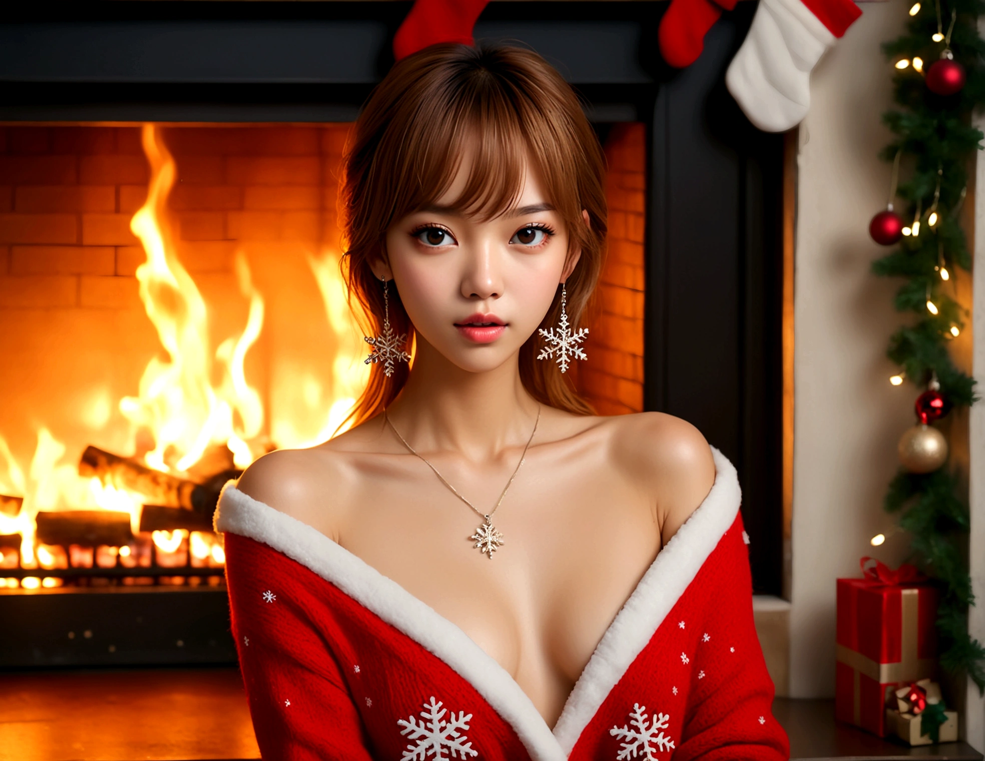 a beautiful young woman ((KPop Lisa) Lalisa Manobal, age 25), nude, her intimate areas fully exposed and very detailed, (seductive poses and gestures) by an old-fashioned fireplace with a roaring fire, Christmas scene (best quality, 4k, 8k, highres, masterpiece:1.2), ultra-detailed, (realistic, photorealistic, photo-realistic:1.37), HDR, UHD, studio lighting, ultra-fine painting, sharp focus, physically-based rendering, extreme detail description, professional, vivid colors, bokeh, portrait, figurative, intimate, sensual, cozy, Christmas, warm lighting, chiaroscuro (show her entire body, show all of her)