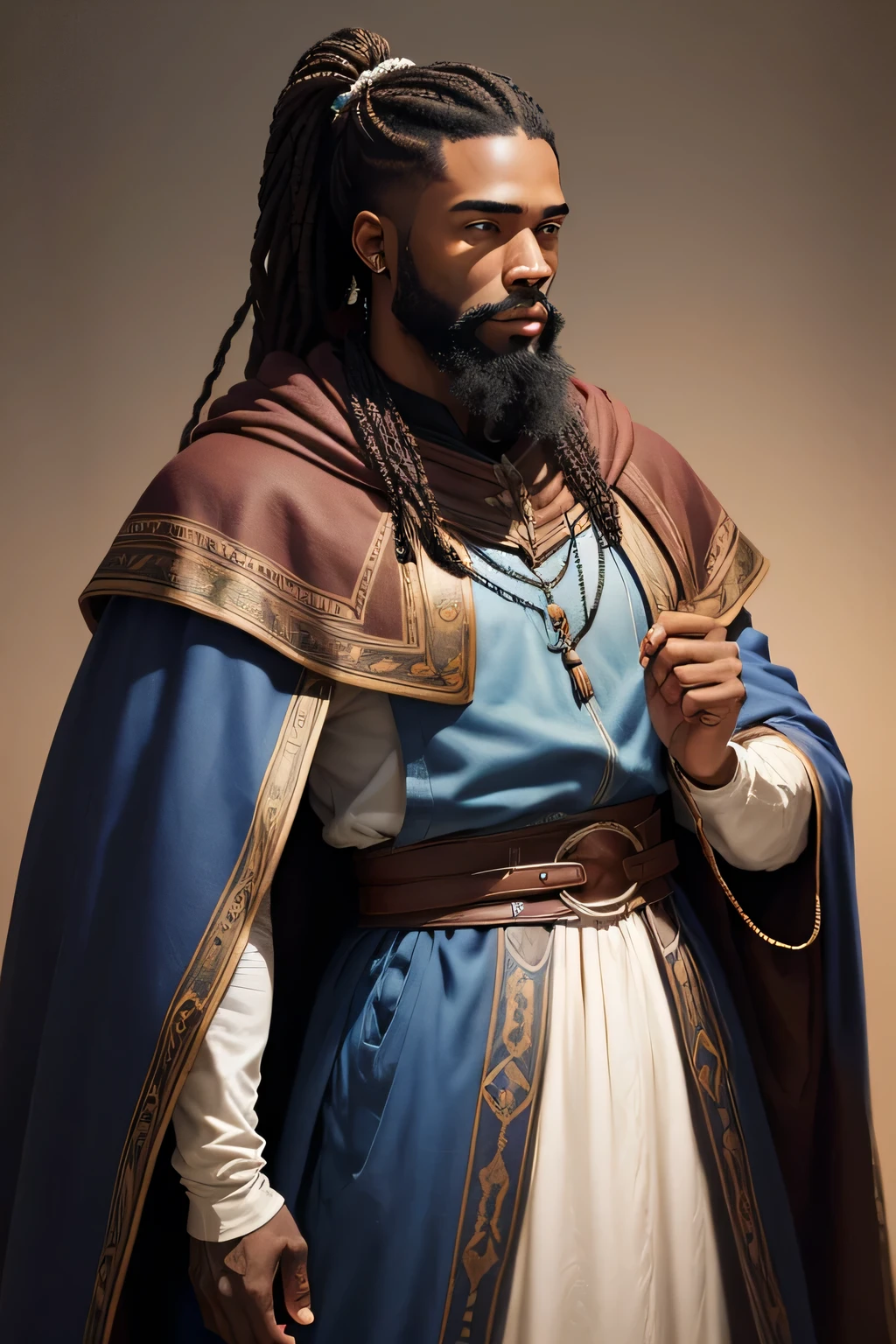 ((best qualityer)),((work of art by)),(detailded) 1 African American man, 20 years old,long brown beard,long brown hair,cabelo ponytail manto mago medieval azul(worn cloak) clear lighting,detailed shadows 