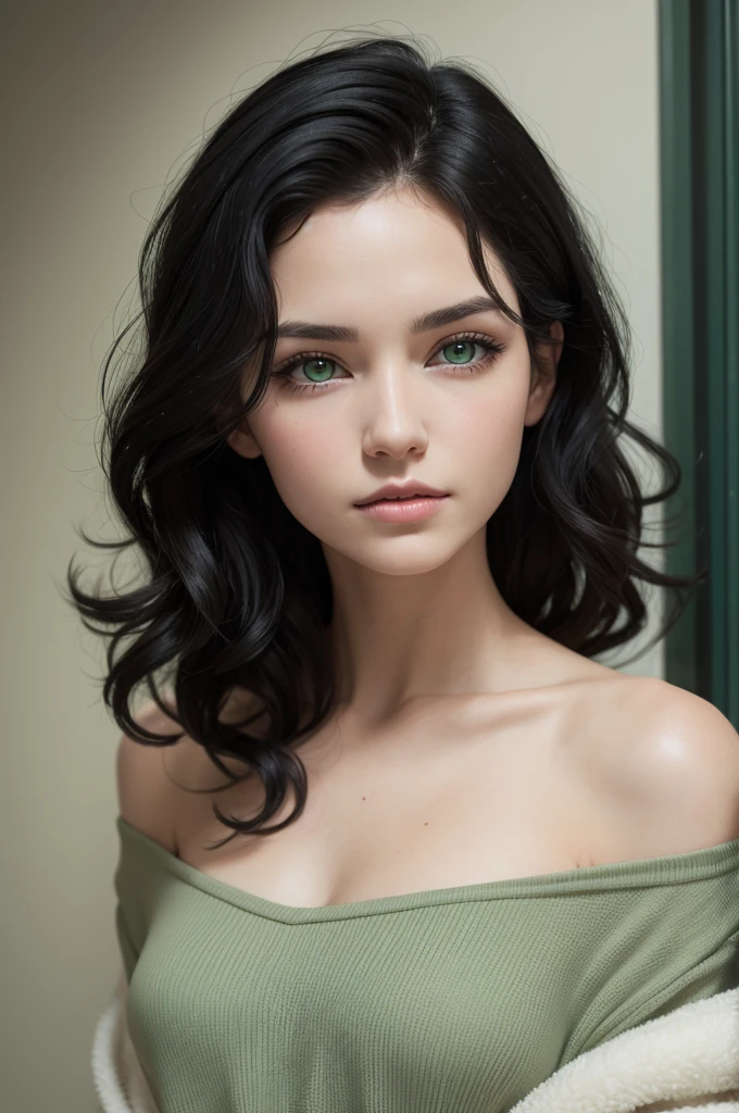 Caucasian woman, short, wavy black hair, with green eyes