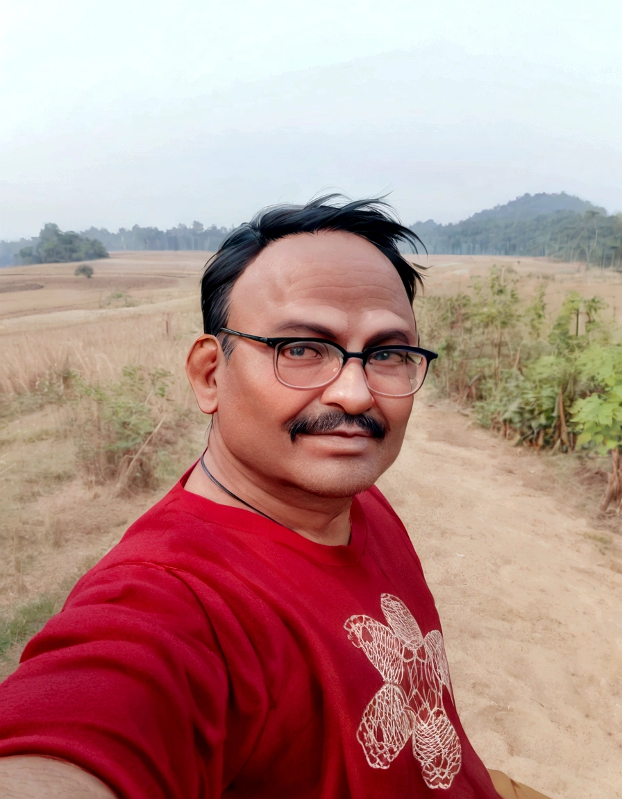 there is a man that is taking a selfie in the field, ranjit ghosh, inspired by Bikash Bhattacharjee, assamese, 4 0 years old man, assamese aesthetic, in front of a forest background, 8k selfie photograph, selfie photo, very clear picture, shot on nikon z9, during sunset, taken with sony alpha 9
