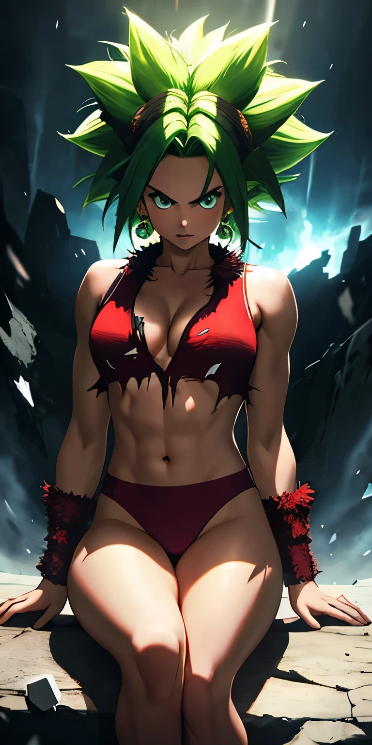 (Masterpiece, Best Quality, ultra-detailed, high resolution, best illustration), 1 girl,cowboy photo of the beautiful xyzkefla super saiyan, green fur, green eyes, spiky hair, energy, (torn clothes:1.2), jewelry, aura, leg warmers, Red clothes, detailed, sharp focus, dramatic, cinematic lighting, body-builder, Sit down