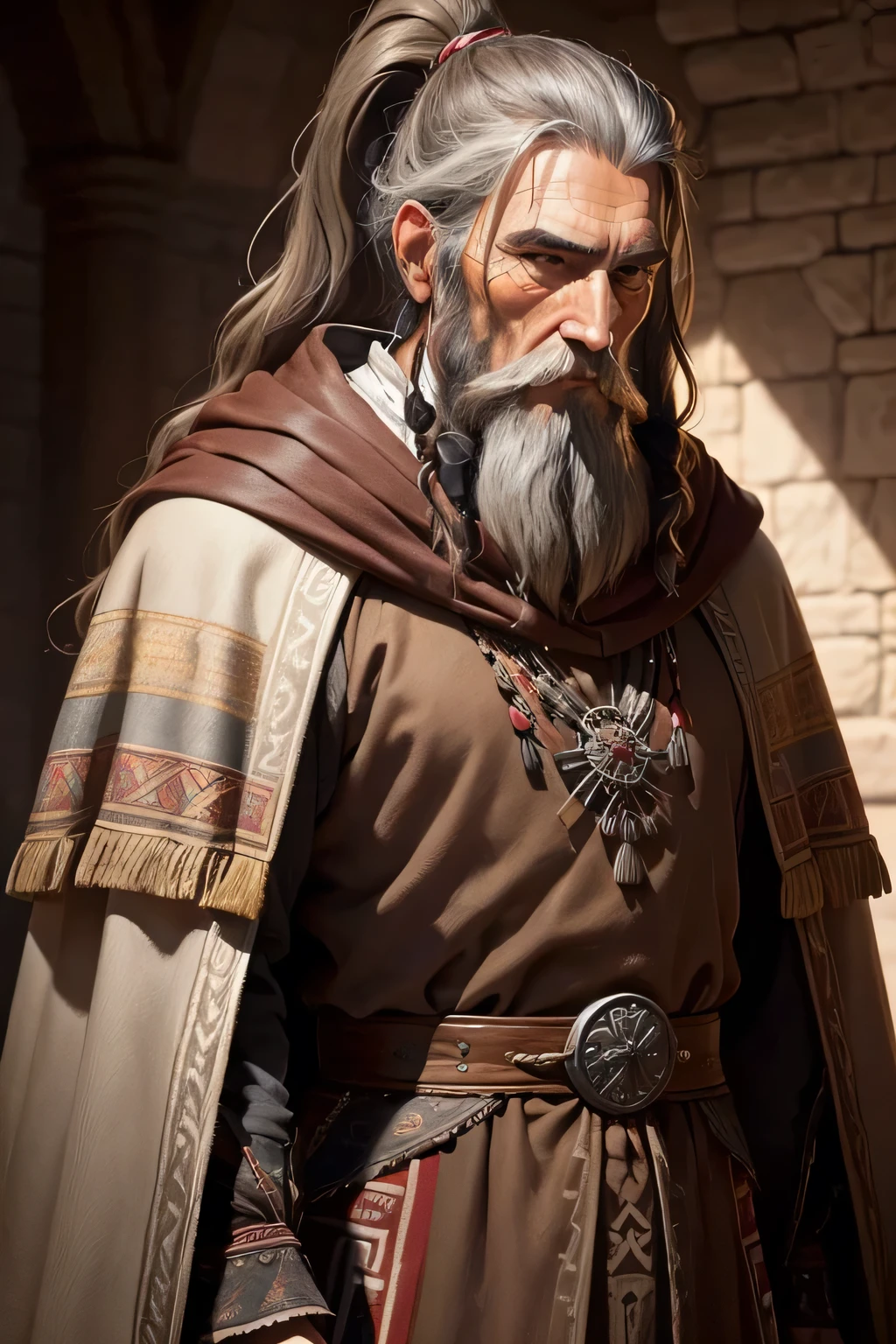 ((best qualityer)),((work of art by)),(detailded) 1 25 year old Aztec man,long brown beard,long brown hair,ponytail hair medieval noble cloak gray(worn cloak) clear lighting,detailed shadows