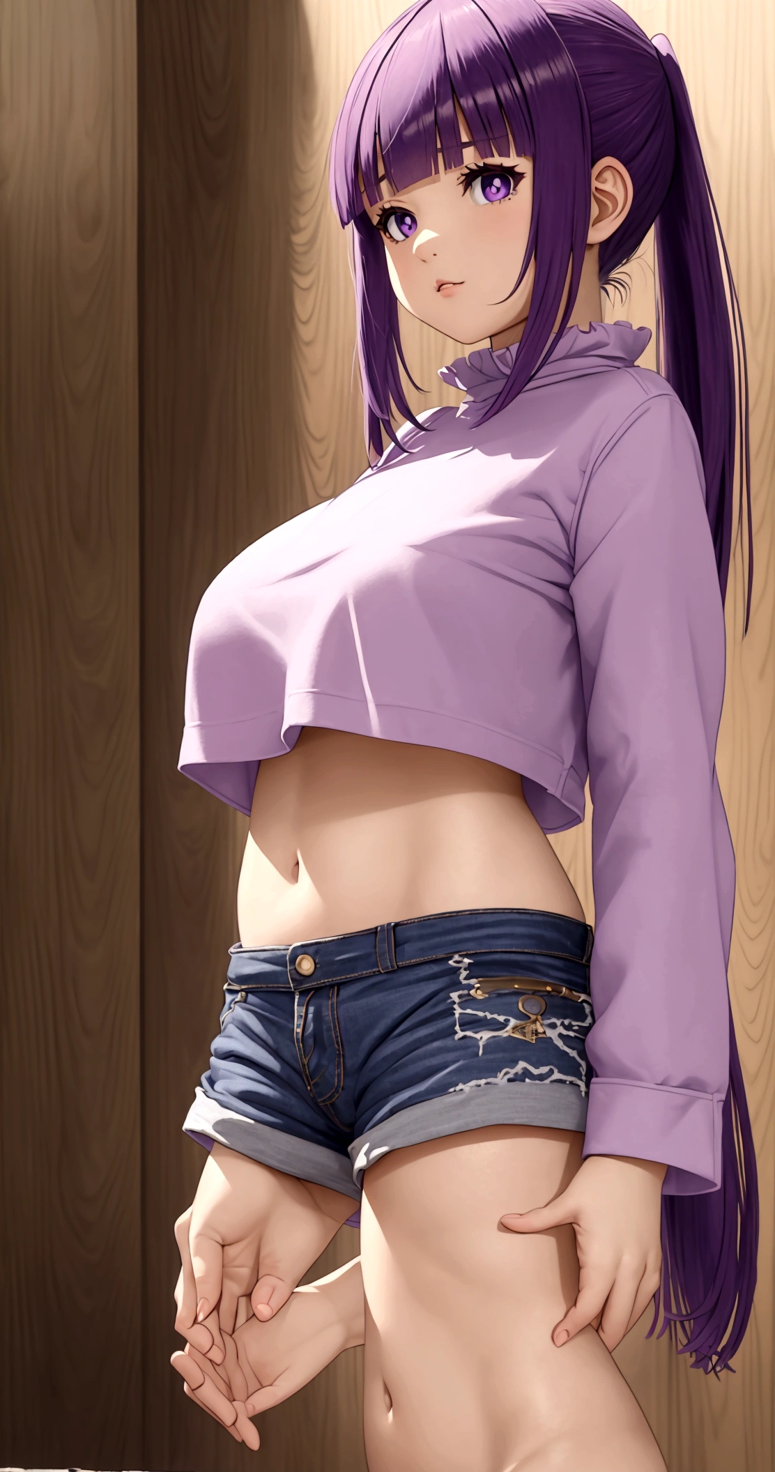 masterpiece、best-quality、hight resolution)、 Real life adaption for this character, Masterpiece, high quality, best lighting, cinematic, 1girl, purple hair, ponytails, crop top, underboob, cowboy shot, ((mini short pants)), (perfect body), (((big thigh))), looking at viewer, standing, pool