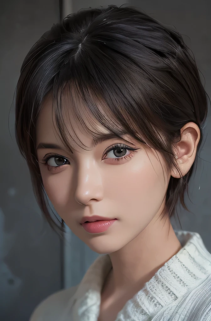 (masterpiece:1.3), (8k, photorealistic, RAW photo, best quality: 1.4), (1girl), beautiful face, (realistic face), (black hair, short hair:1.3), beautiful hairstyle, realistic eyes, beautiful detailed eyes, (realistic skin), beautiful skin, (sweater), absurdres, attractive, ultra high res, ultra realistic, highly detailed, golden ratio