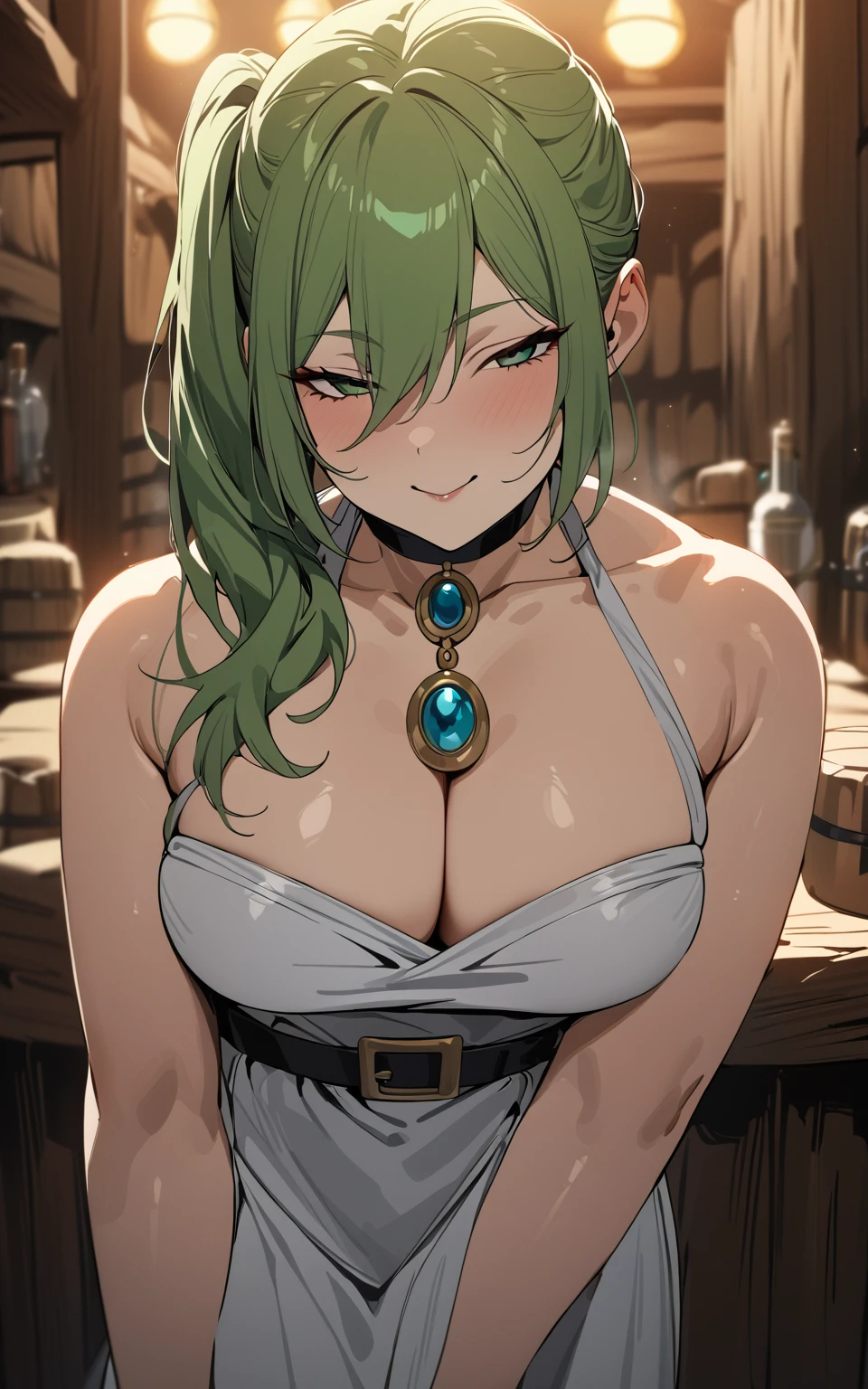 Masterpiece, best quality, absurdes, 4k, 1girl, Übel, from frieren, green hair, side ponytail, bangs, amulet, dress with cleavage, wide hips, busty, small waist, standing in a tavern, seductive smile, from front