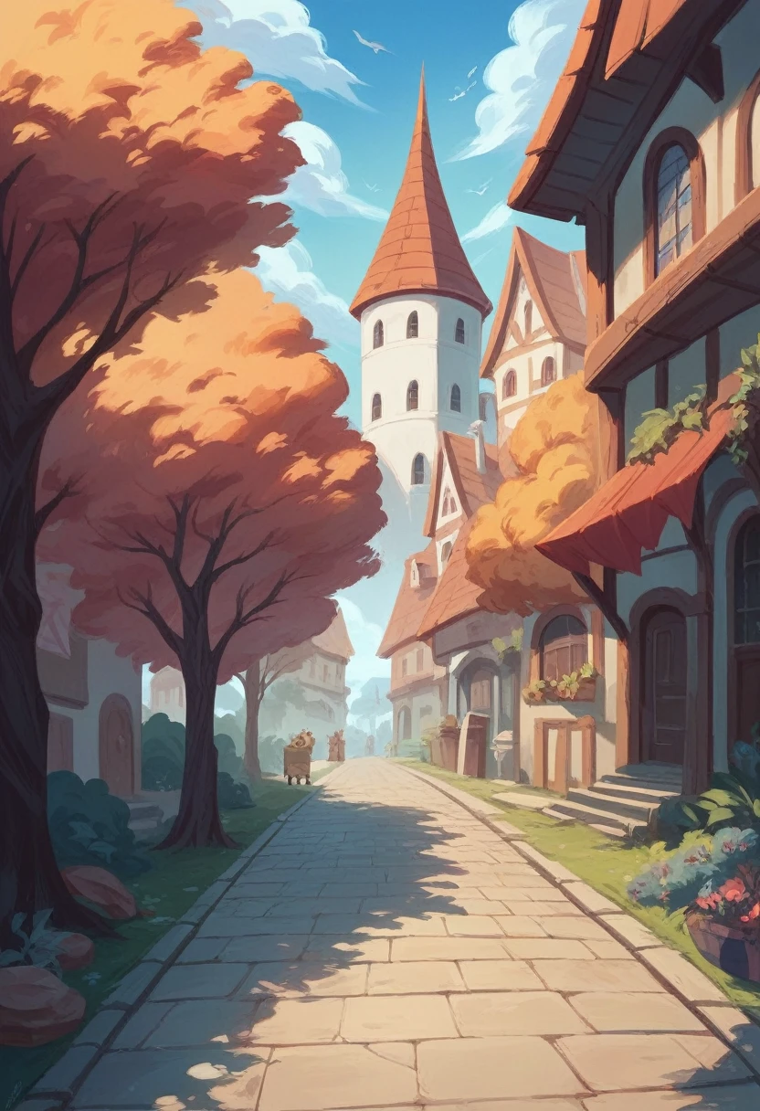 Create an image of a street full of houses and trees making a vanishing point in the style of a Disney cartoon, an ultra-realistic photographic image, in 4k