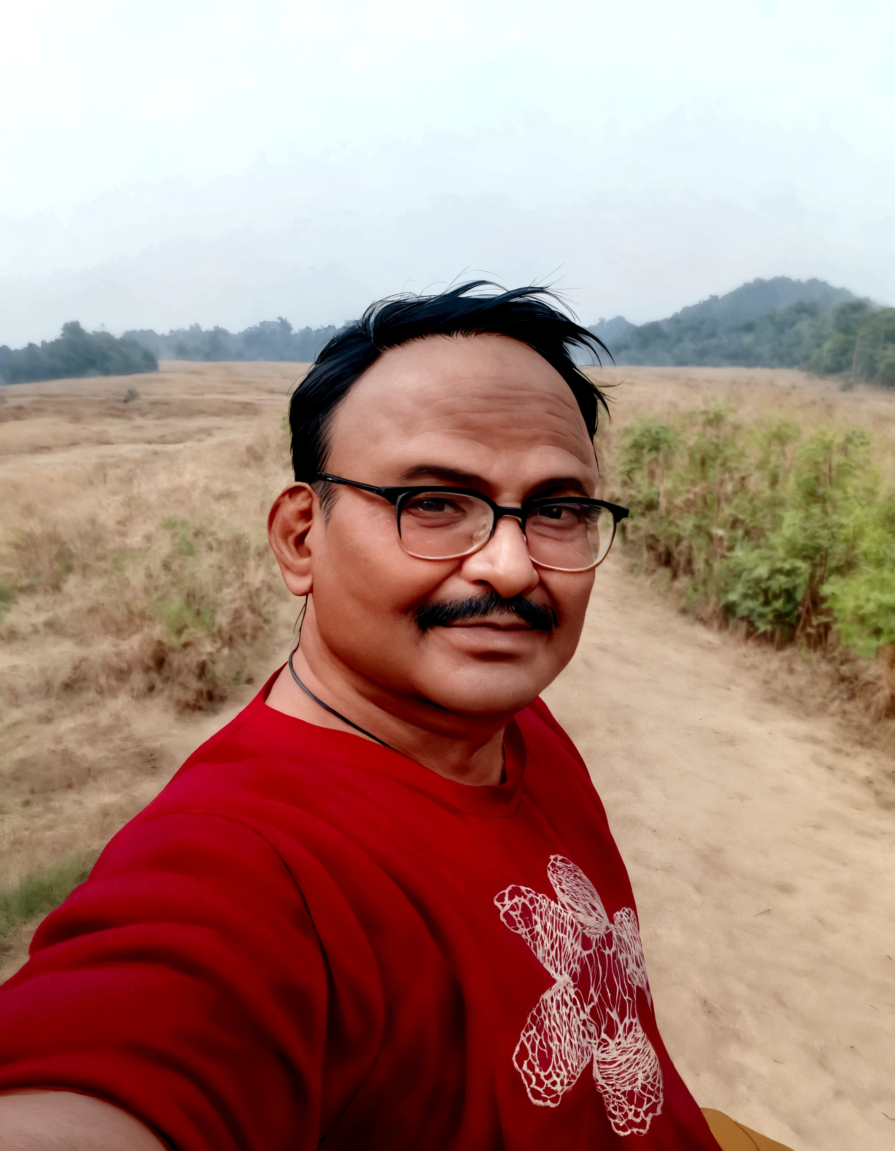 there is a man that is taking a selfie in the field, ranjit ghosh, inspired by Bikash Bhattacharjee, assamese, 4 0 years old man, assamese aesthetic, in front of a forest background, 8k selfie photograph, selfie photo, very clear picture, shot on nikon z9, during sunset, taken with sony alpha 9