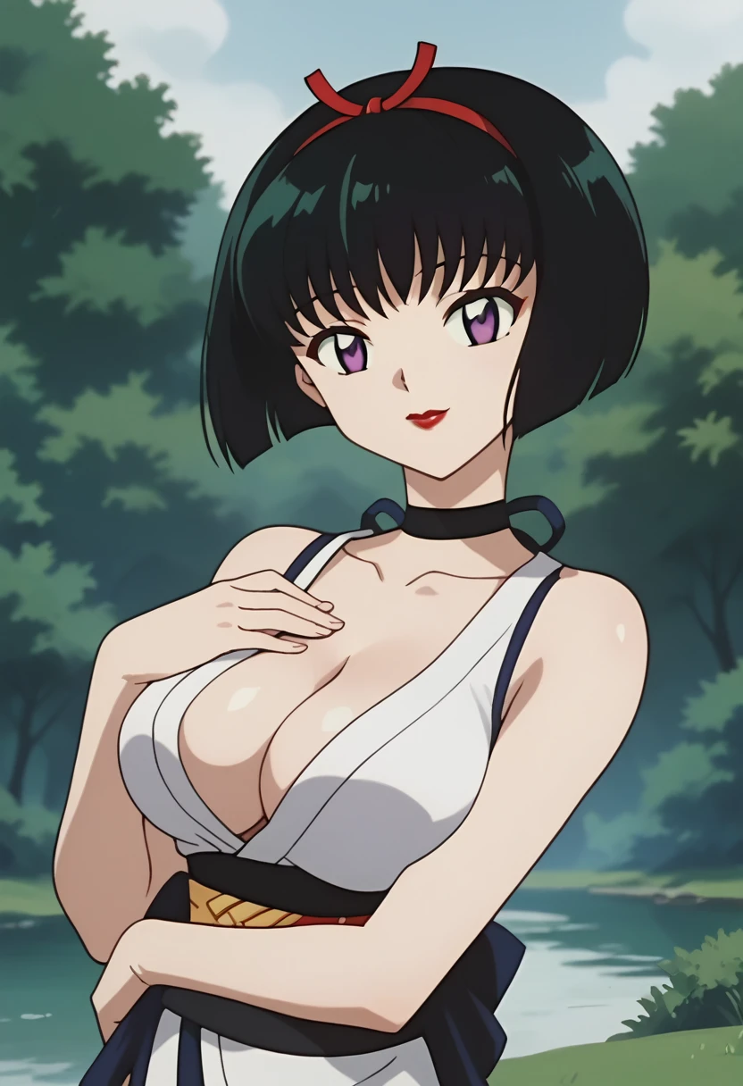 score_9, score_8_up, score_7_up, source_anime, best quality, masterpiece, rating_explicit, uncensored, anime screencap, megami magazine, BREAK, SAKASAGAMINOYURA, 1GIRL, large breasts, cleavage, BLACK HAIR, HAIR BAND, BOB_CUT, PURPLE EYES, CHOKER, SLEEVELESS, SHORT KIMONO, red lip, outdoors, looking at viewer, smile