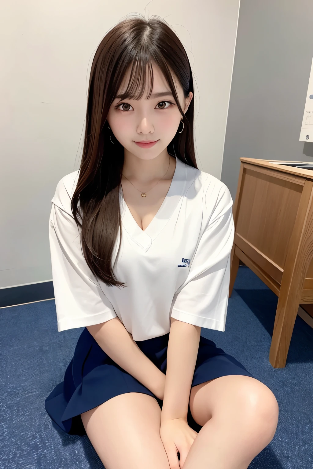 (8K)、(Top image quality:1.2)、(reallistic)、(Photorealsitic:1.37)、The ultra -The high-definition、1girll、(Physical education sitting with knees upright:3.0)、Angle from below、Underwear is visible、Facing the front、cute little、A smile、a closed mouth、Beautiful details、Beautiful nose in every detail、full body Esbian、wetting hair、Big Tits、student clothes、thighs thighs thighs thighs、Korean Beauty、sixteen years old、Japanese student uniform、Shirt to cleavage、K-pop idols、Golden mesh hair color、A slender、Patchy eyes、solo、I am、cute face、Functional、student clothes、Japan 、a sailor suit、Pants are a little visible from the quatting、Pants can be seen through the gap in the crotch、Looking at the front、Looking at the camera、From skirt to crotch、White pants