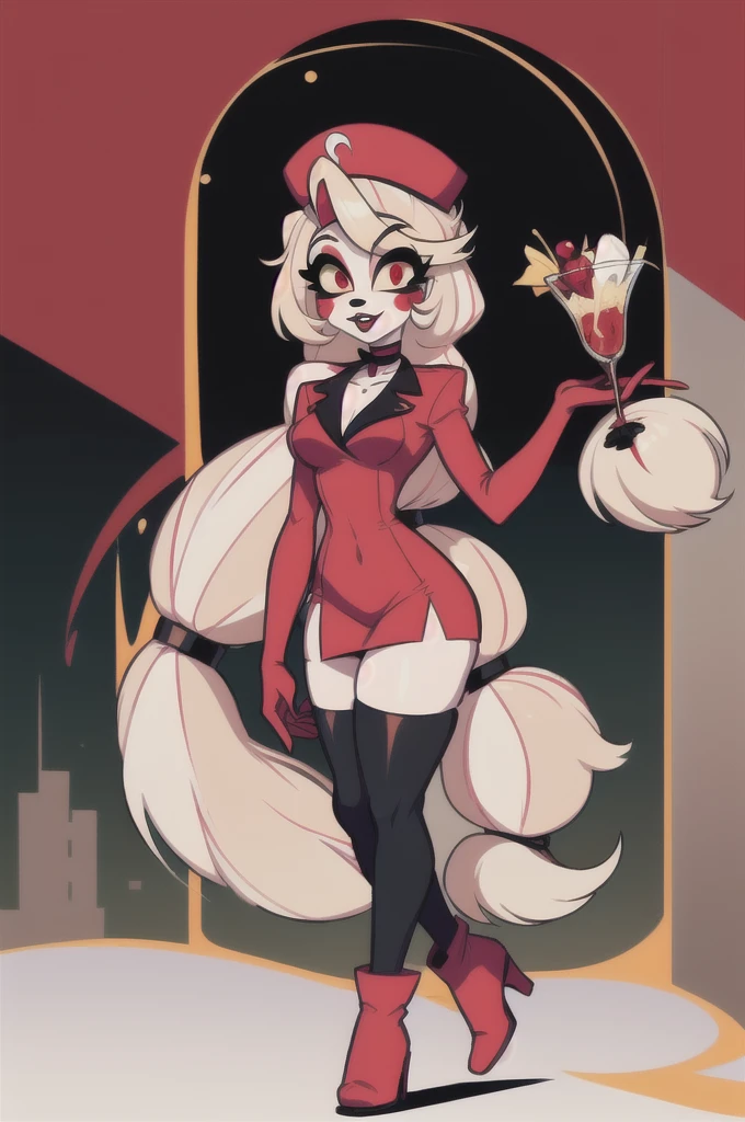 (Vivziepop style), anthro, canid, female, mammal, solo, (by vivzmind) (helluva boss)Furry,Solo female,Dog,Long blonde hair,Light brown hair,Red lipstick,red eye shadow,dark red breasted mini dress,black choker,Black long gloves,red boots with black tip,Hat with black red ribbon