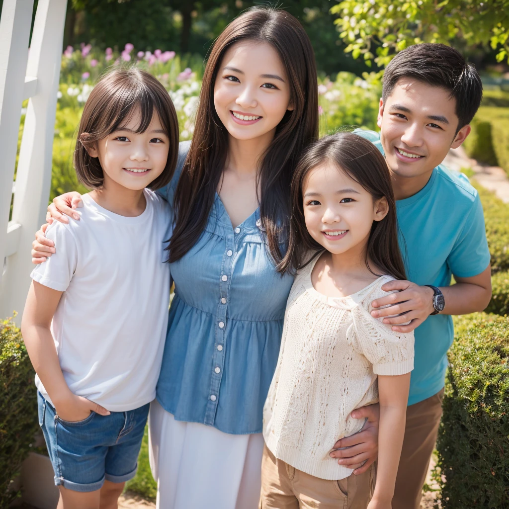 ((Best quality, 8K, Masterpiece:1.3)), family photo, at front entrance, mother 28, father 33, daughter 6, confident smiles, showing teeth, standing, (Sunlight:1.1), Upper Body, highly detailed face and skin texture, detailed eyes