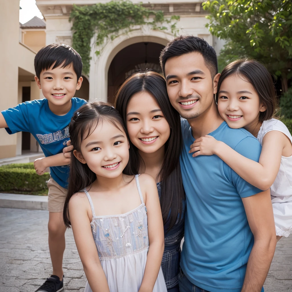 ((Best quality, 8K, Masterpiece:1.3)), family photo, at front entrance, mother 28, father 33, daughter 6, confident smiles, showing teeth, standing, (Sunlight:1.1), Upper Body, highly detailed face and skin texture, detailed eyes