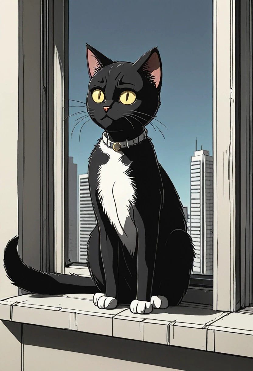 black cat sitting  on a windowsill in a Highrise apartment, simple anime style, 2D, celshading, thick lineart, heavy black ink lines, posterized, flat color, celshading, toonshading, Cartoon Rendering, Flat Shading, Graphic Novel Style, minimal shading, flat shading, hard color shading