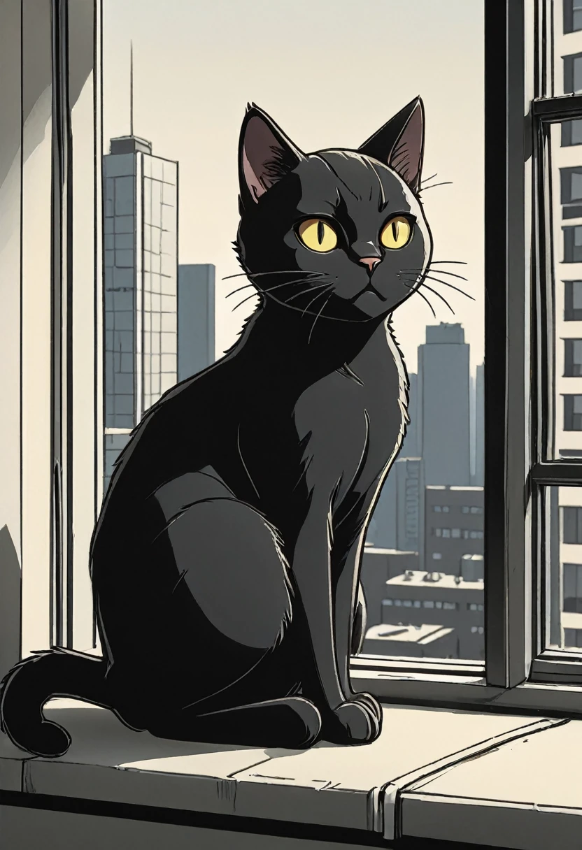 black cat sitting  on a windowsill in a Highrise apartment, simple anime style, 2D, celshading, thick lineart, heavy black ink lines, posterized, flat color, celshading, toonshading, Cartoon Rendering, Flat Shading, Graphic Novel Style, minimal shading, flat shading, hard color shading