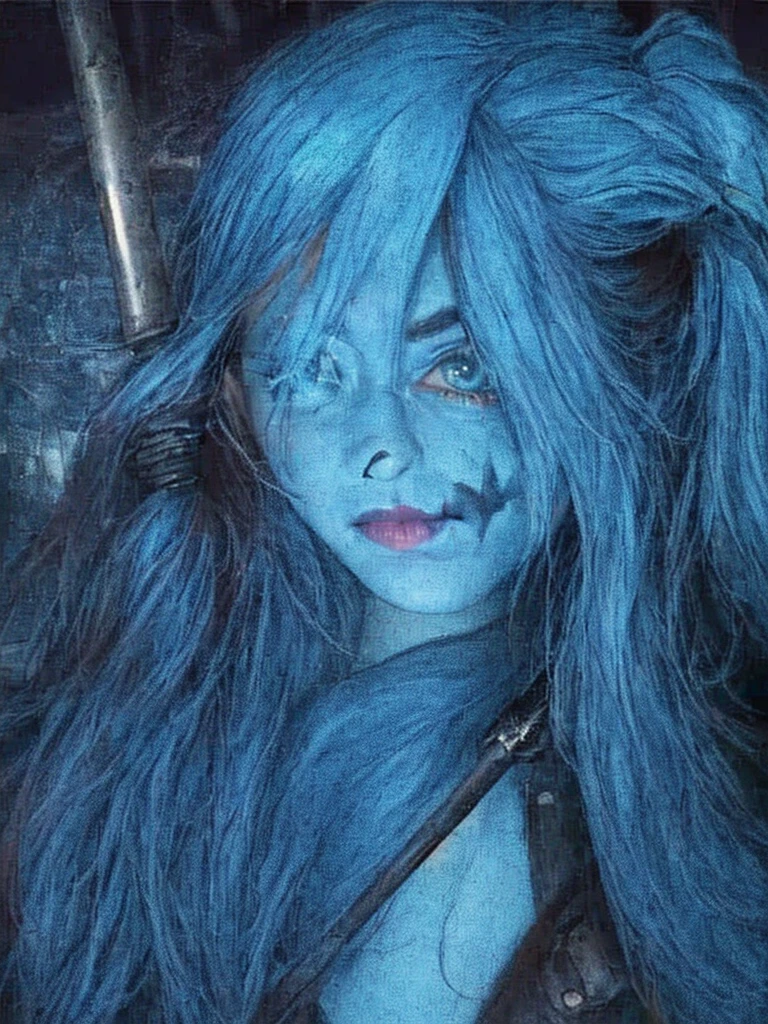 a beautiful girl with long blue hair, clown makeup, leather harley quinn costume, seductive pose, holding baseball bat, dystopian city background, dark moody lighting, gritty cinematic style, hyper detailed, cinematic lighting, dramatic shadows, vibrant colors, neon lights