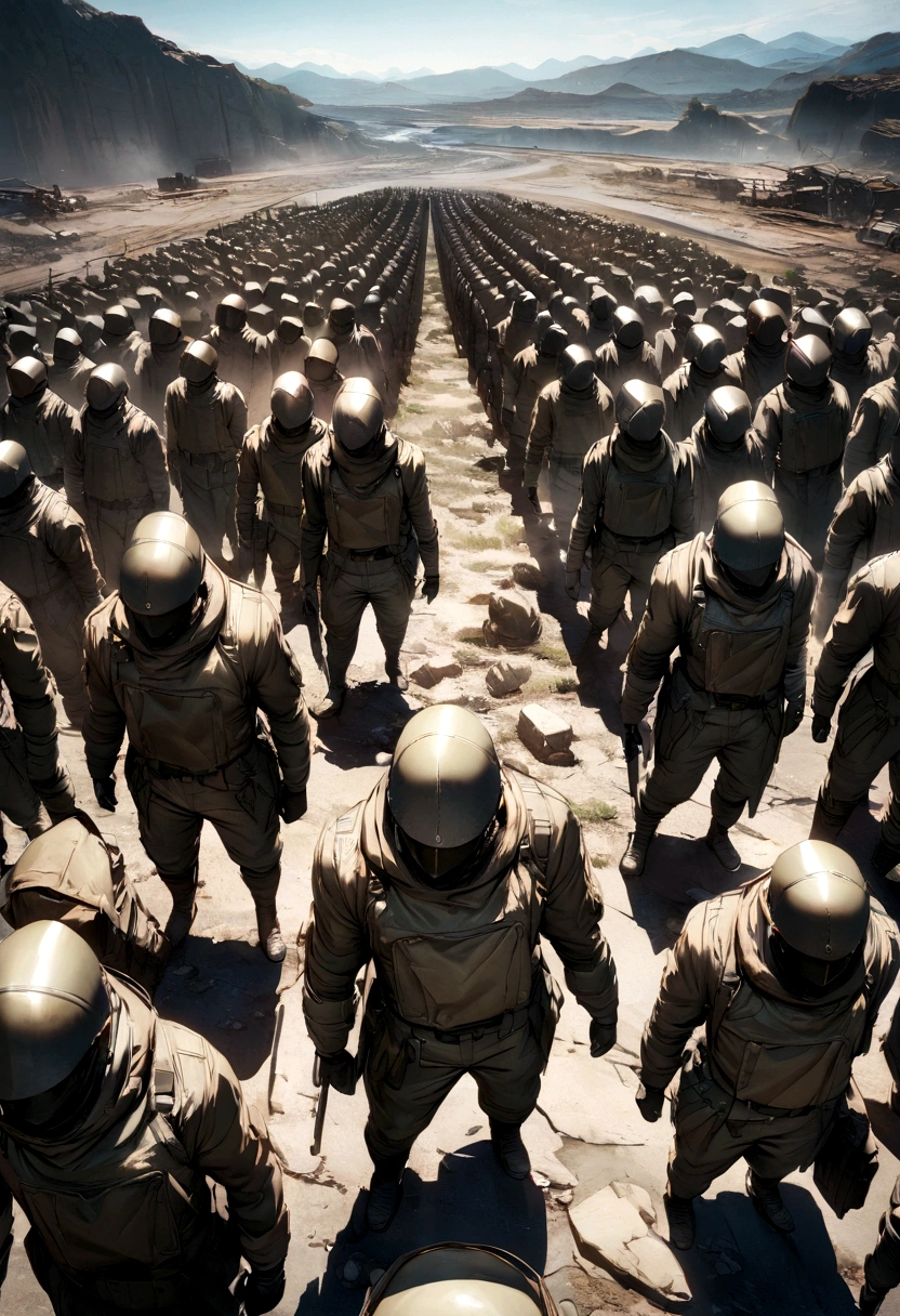 masterpiece, best quality, 8K, HDR, ultra detailed, wasteland、A group of 10 soldiers lined up、Bird's-eye view