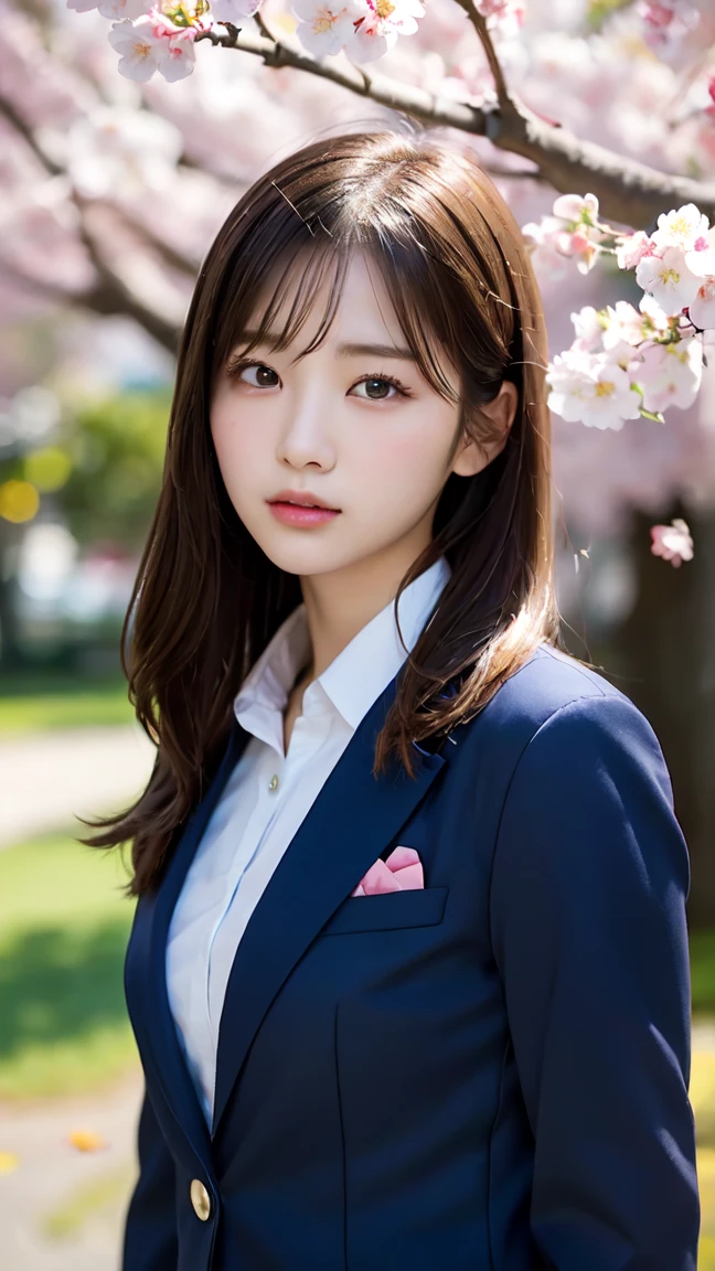 Graduation Ceremony、high school girl、uniform 、Navy Blue Blazer、Cherry tree in full bloom、Cherry blossom confetti、Perfect proportions、cute、((18-year-old female:1.ung and adorable Japanese face,Official Art,Highly detailed CG Unity 8K wallpaper,(masterpiece:1.0),(Highest quality:1.0), 超High resolution,4K,Very detailed, photo shoot, 8K, Hmph, High resolution, Kodak Portrait 400, Film Grain, Lens flare brilliance,高いest quality,8K,Hmph:1.2),Portrait Shot,8K、Show Viewer