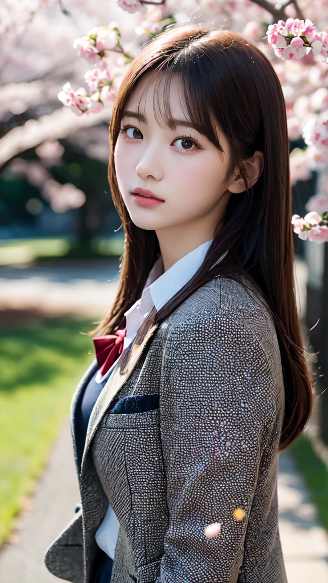 Graduation Ceremony、high school girl、uniform 、Navy Blue Blazer、Cherry tree in full bloom、Cherry blossom confetti、Perfect proportions、cute、((18-year-old female:1.2))、Young and adorable Japanese face,Official Art,Highly detailed CG Unity 8K wallpaper,(masterpiece:1.0),(Highest quality:1.0), 超High resolution,4K,Very detailed, photo shoot, 8K, Hmph, High resolution, Kodak Portrait 400, Film Grain, Lens flare brilliance,高いest quality,8K,Hmph:1.2),Portrait Shot,8K、Show Viewer