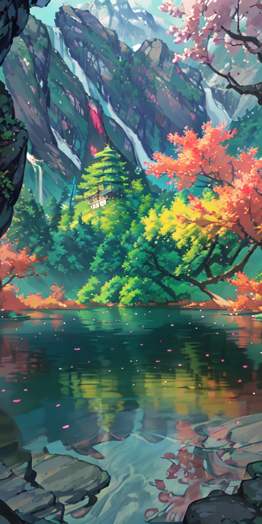 Chinese ancient times, spring, jungle, lake, cave, waterfall, tree, meadow, rock, deer, hot spring, water vapor, (illustration: 1.0), epic composition, realistic lighting, HD details, masterpiece, best quality, (very detailed CG unified 8k wallpaper)